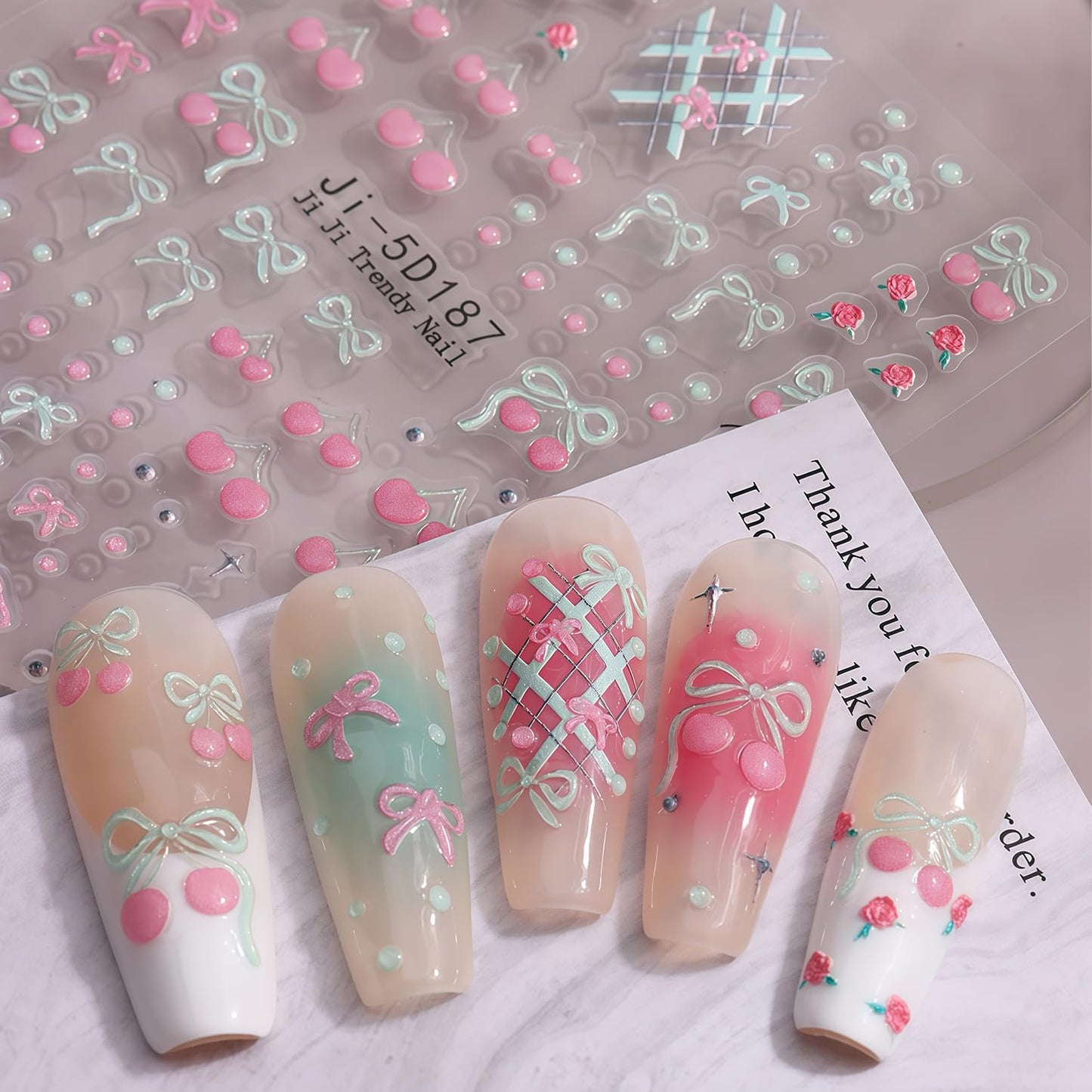 Summer Nail Stickers for Nail Art 5D Embossed Flower Butterfly Bow Heart Cherry Starfish Ocean Theme Style Design Stickers Beach Nail Decals Salon Manicure DIY Decoration Kit for Women Nails