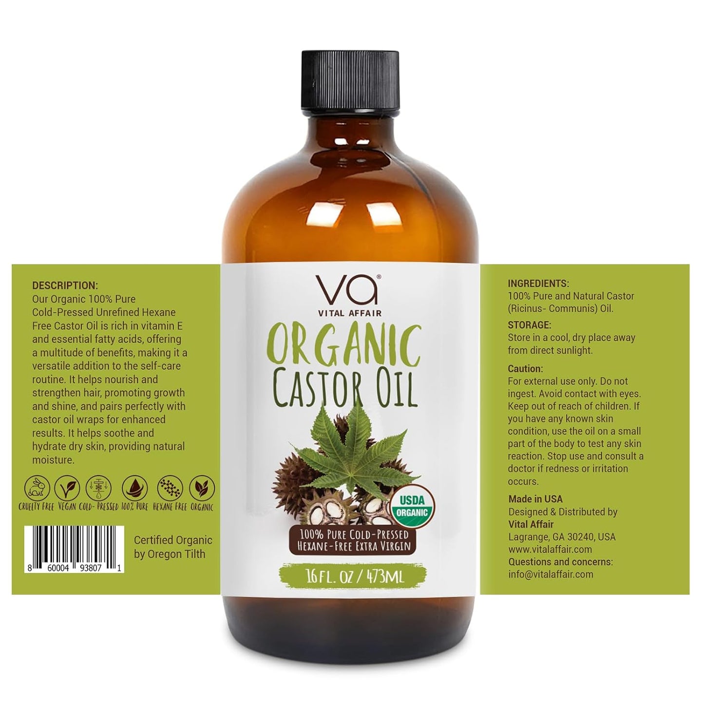 Pure Castor Oil Organic Cold Pressed Unrefined Glass Bottle-USDA Certified for Castor Oil Pack Wrap for Face,Hair Growth,Eyelashes,Eyebrows-16oz