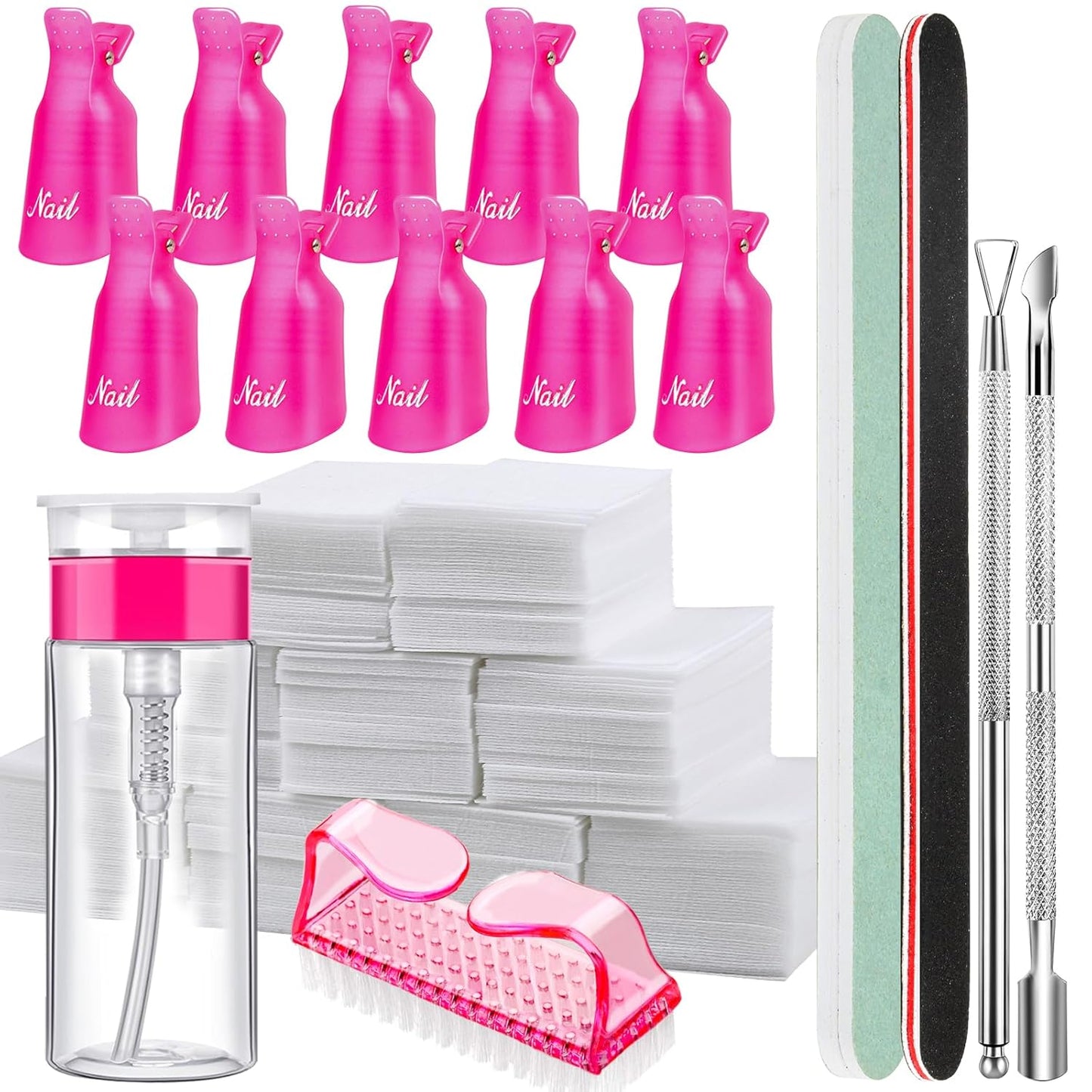 FANDAME Gel Nail Polish Remover Tools Kit, 10 PCS Nail Polish Remover Clips Rose Red, 100ml Nail Polish Remover Bottle, 500PCS Cotton Pad, Nail Brush, Cuticle Pusher, Nail File, Buffer Block Tools kit
