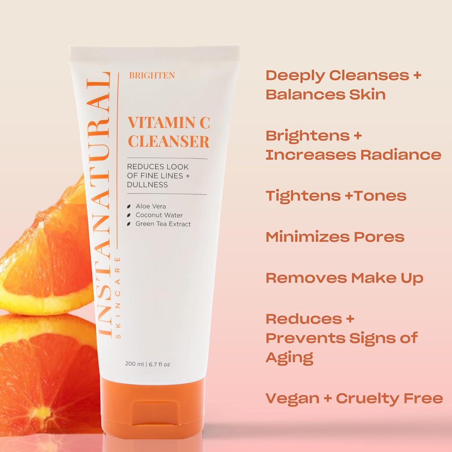 InstaNatural Vitamin C Cleanser | All Natural Face Wash, Brightens Skin, Good for Uneven Texture, USA Made with Coconut Water and Aloe Vera, 6.7 FL Oz