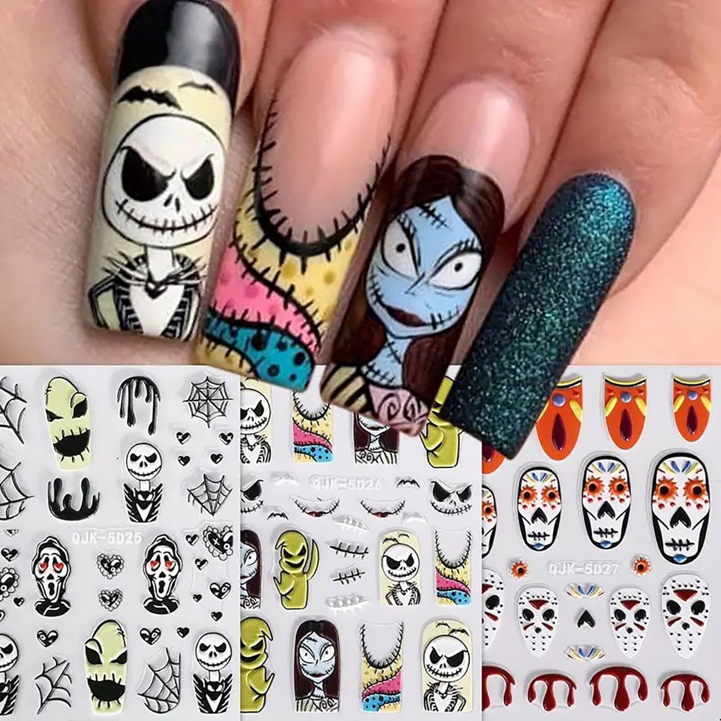 3 Sheets Halloween Nail Art Stickers Decals Pink Skull Spider Web Sugar Skull Nail Decoration 3D Self-Adhesive Nightmare Christmas Stickers for Women Girls