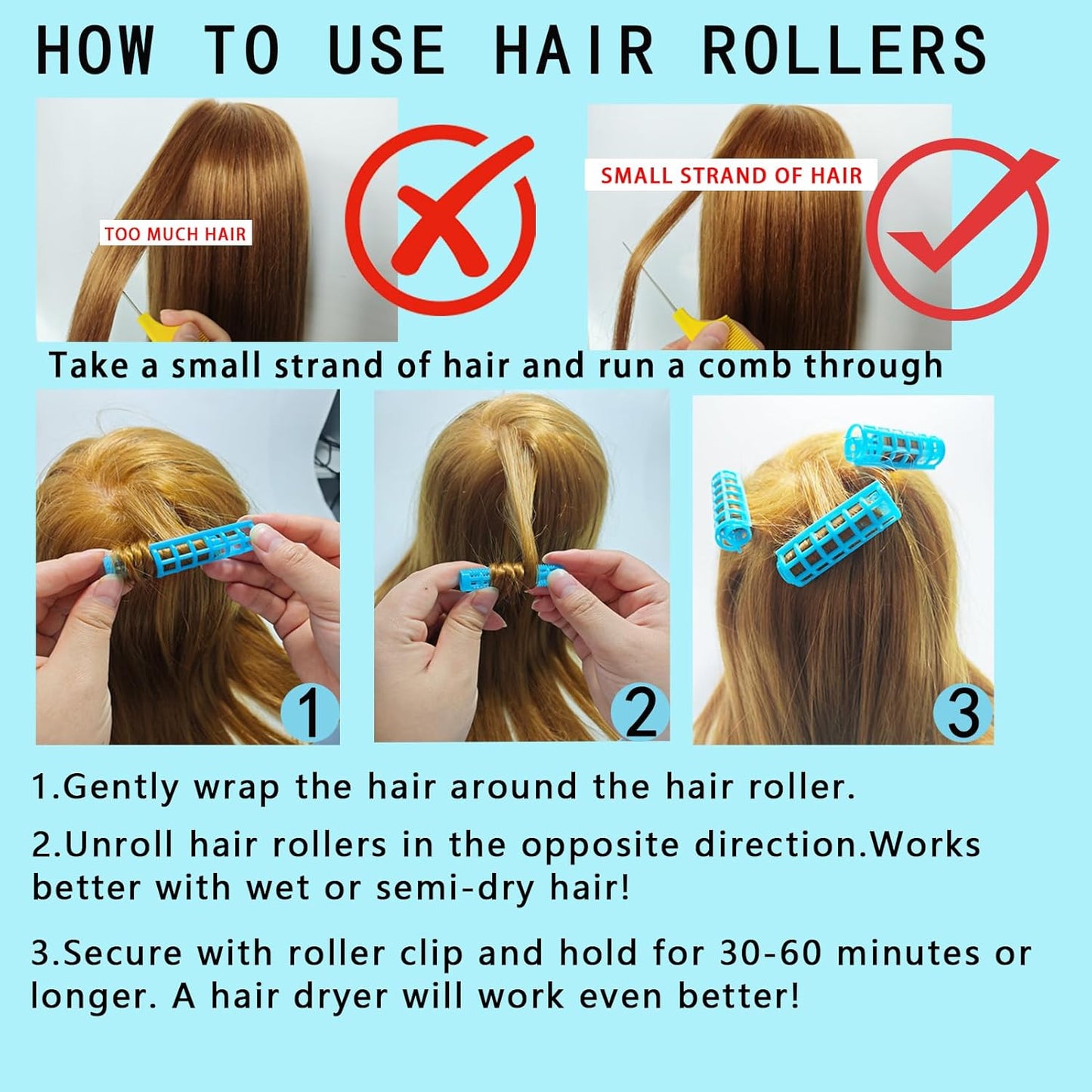 28PCS Self Grip Small Hair Rollers Set, 0.6in Plastic No Heat Roller Hair Curlers with Comb Heatless Clips for Short Fine Thin Hair(Pink)