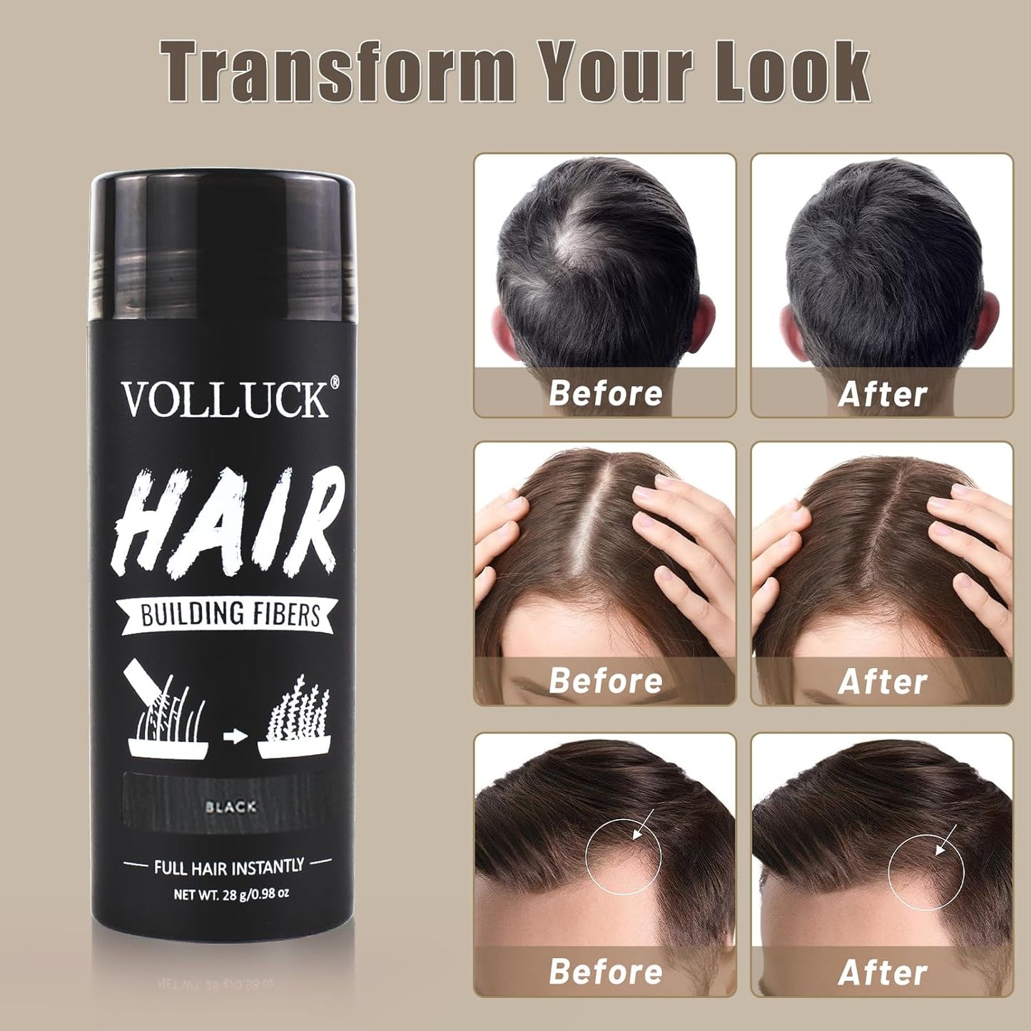 VOLLUCK Hair Fibers for Thinning Hair, Instant Coverage Hair Building Fibers for Women and men, Natural Hair Powder for Conceal Hair Loss 28 g (Black)