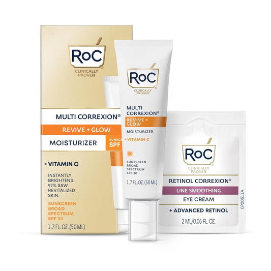 RoC Multi Correxion Revive + Glow Vitamin C Sunscreen Broad Spectrum SPF 30 Face Moisturizer (1.7 oz) with Retinol Eye Cream Packette