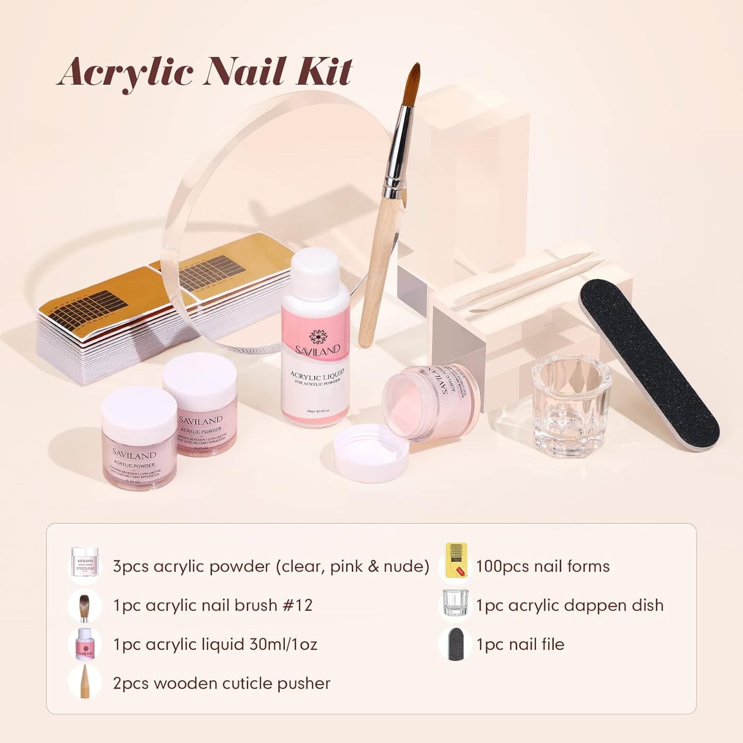 Saviland Acrylic Nail Starter Kit: Clear Pink Nude Acrylic Powder & Liquid, Brush, Files, Forms, Press On Nails, Home Practice Set