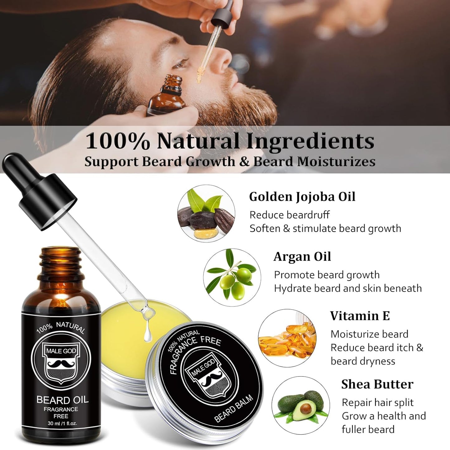 MALE GOD Beard Kit w/Natural Ingredients, Suitable for All Skin, Birthday Gifts | Anniversary | Christmas Gifts | Mens Stocking Stuffers | Gifts for Men, Him, Husband, Boyfriend, Dad, Friends