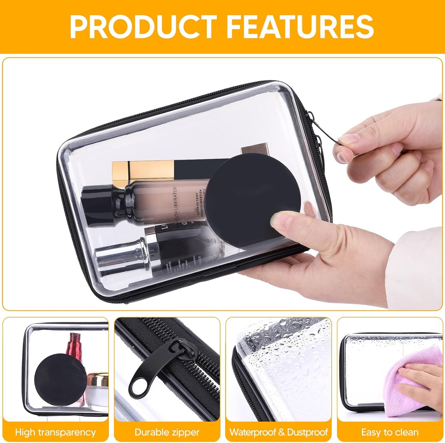 3Pcs Clear Zipper Pouch, PVC Plastic Cosmetic Travel Bag, Portable Travel Organizer Bins, Durable Makeup Bags for Storage, Pencil Case(Black-13.8+9.9+7.5inch)