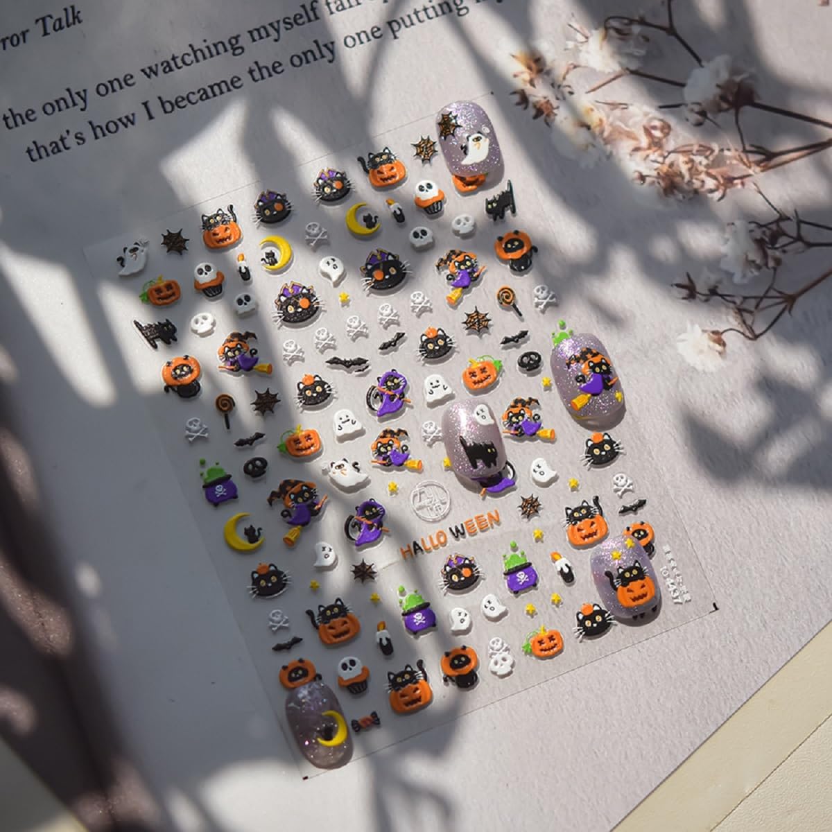 5D Embossed Halloween Nail Stickers Pumpkin Nail Art Decals Cat Skull Design Cute Nail Art Sticker Ghost Nail Art Supplies Decoration for Women Holiday DIY Manicure 1 Sheet