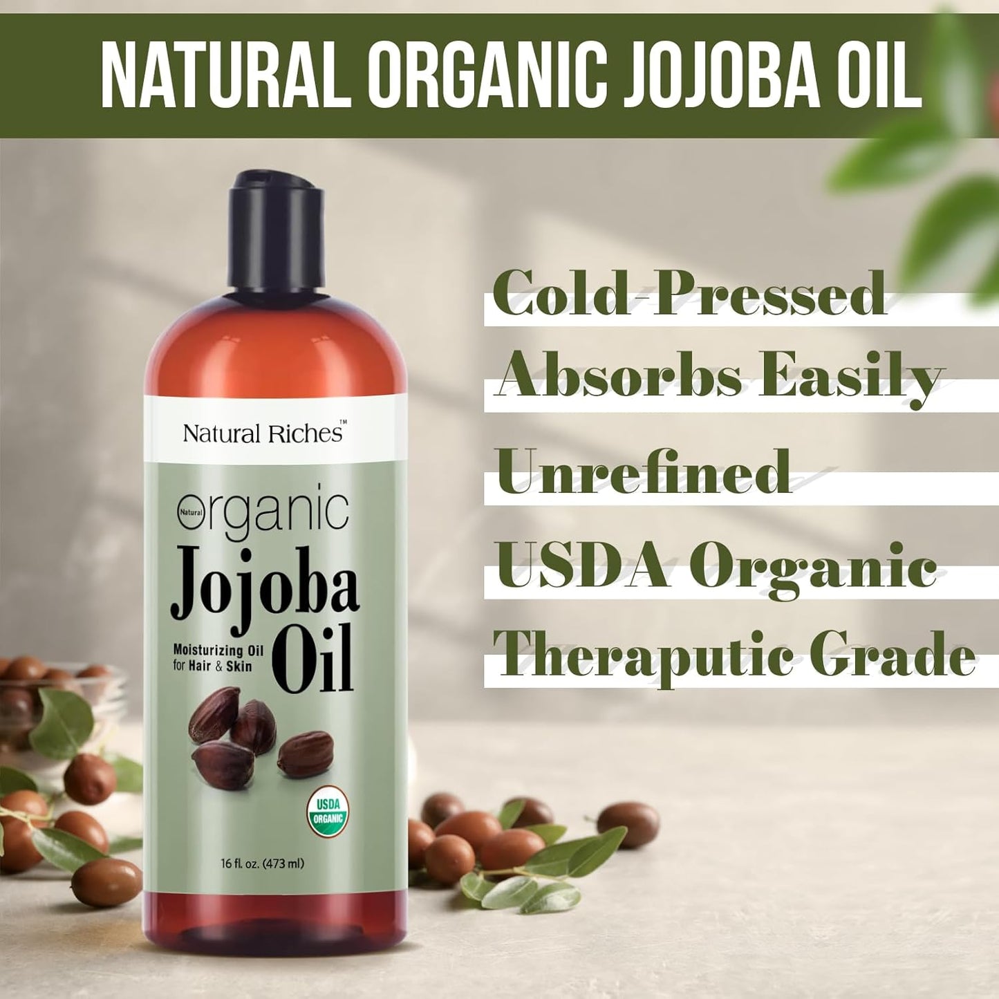 Natural Riches Organic Jojoba Oil, Pure (16 oz) | Moisturizing Oil for Face, Hair, Skin & Nails Cold Pressed Hexane Free Base Carrier oil.