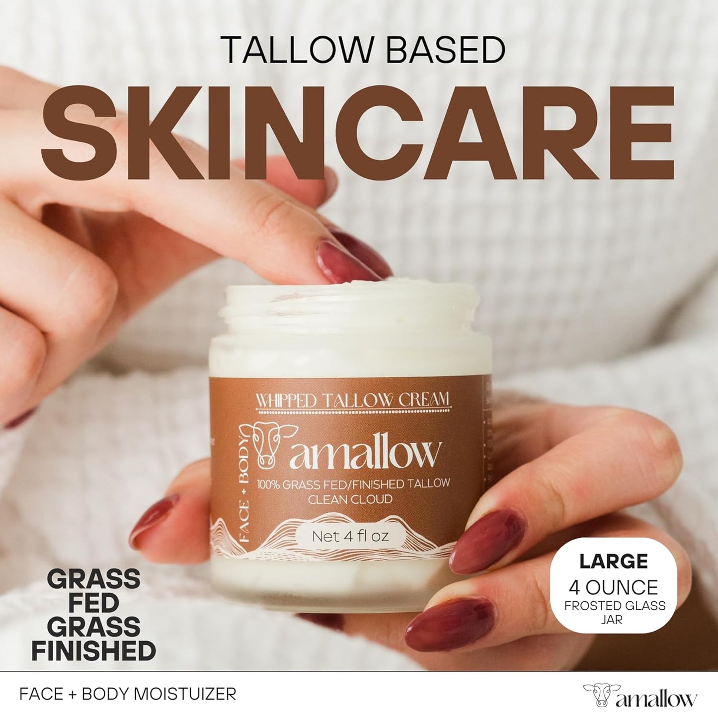 Amallow 100% Grass Fed Beef Tallow for Skin Care - Face + Body - Whipped Moisturizer - Natural Lotion, 4 FL. oz. (Clean Cloud)