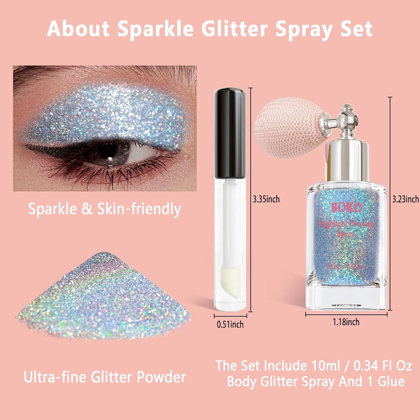 Boko Body Glitter Spray, Holographic Silver Glitter Spray for Body Face Hair Nail Clothes, Hair Glitter Body Shimmer Powder for Highlighter Makeup Festival Party Concert Rave Accessories