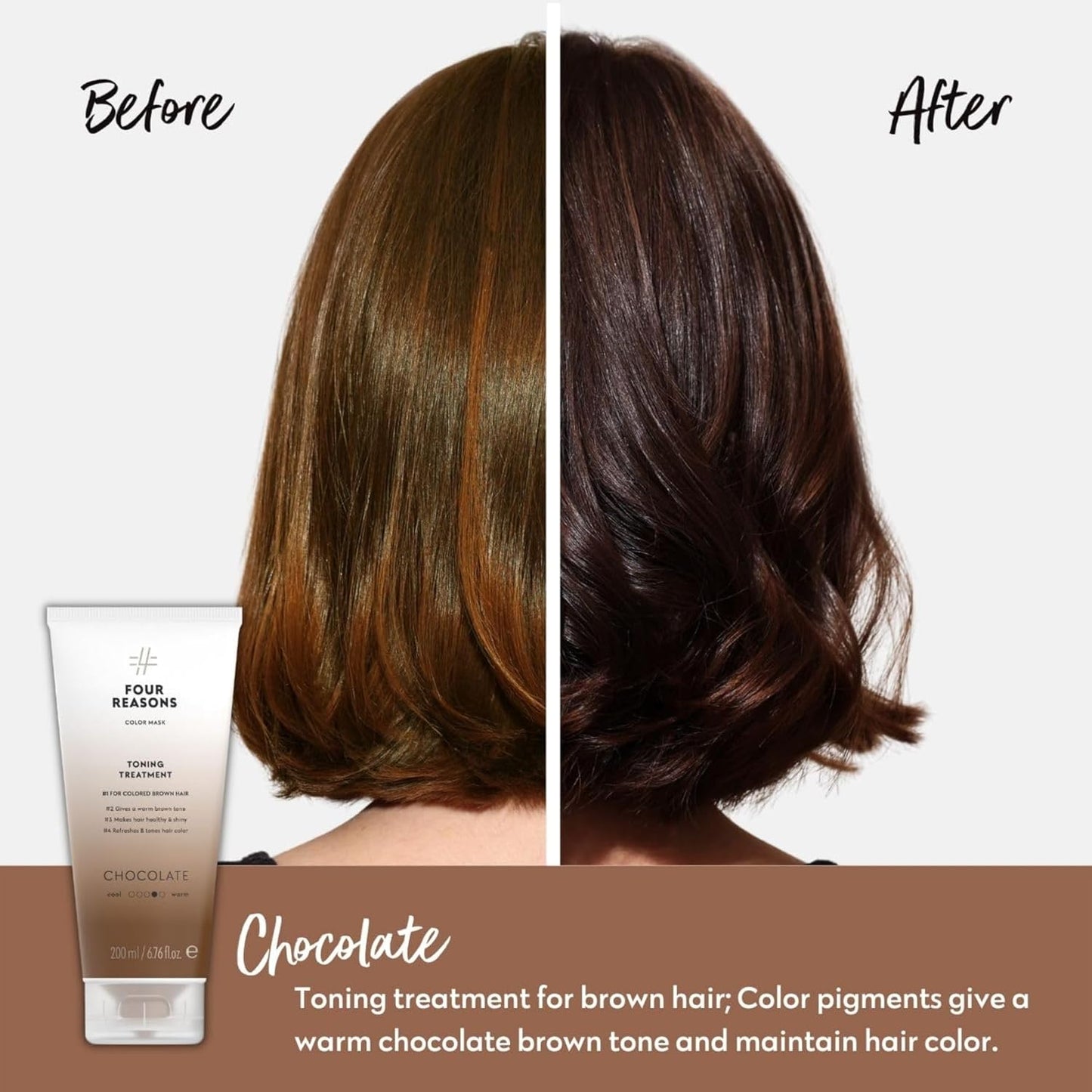 Four Reasons Color Mask - Chocolate - (27 Colors) Toning Treatment, Color Depositing Conditioner, Tone & Enhance Color-Treated Hair - Semi Permanent Hair Dye, Vegan and Cruelty-Free, 6.76 fl oz