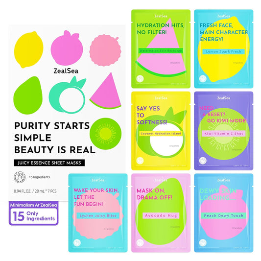 ZealSea Clean Beauty Face Masks Skincare, Minimalism 15 Ingredients Sheet Mask, Deep Hydration Facial Mask for Bouncy & Glowing, Sleepover Spa Party Supplies, Women Teen Girl Gifts Trendy Stuff, 7Pack