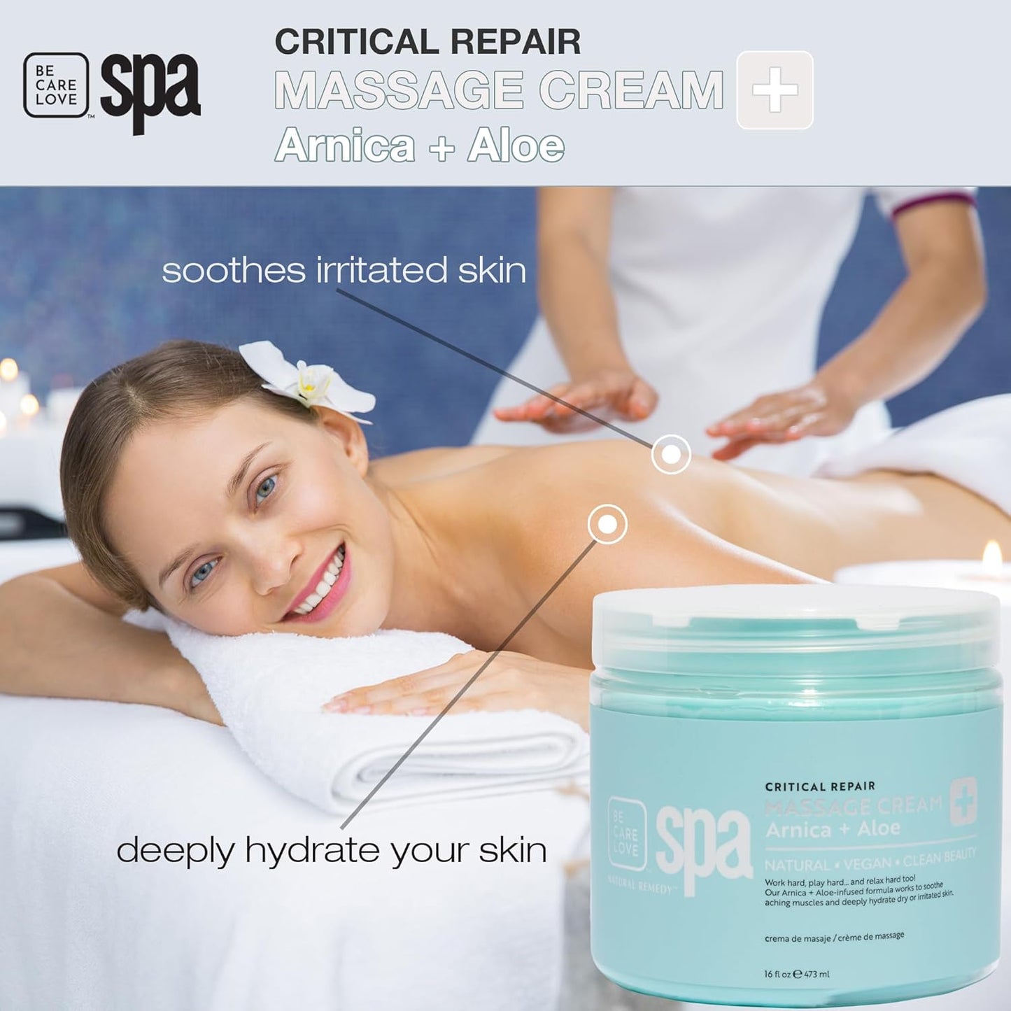 Be Care Love Spa Critical Repair Massage Cream with Organic Arnica and Organic Aloe Natural Vegan Clean Beauty Made in USA 16 fl oz