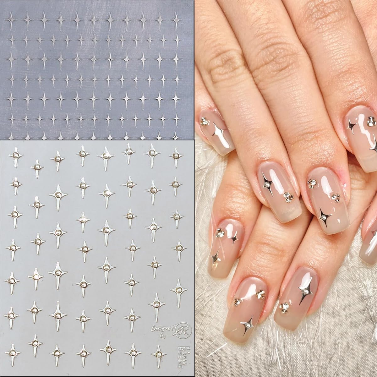 Holographic Star Nail Stickers 3D Glitter Silver White Stars Nail Design Nail Art Supplies Laser Star Nail Decals Self-Adhesive Nail Decoration Kit for Women Girls DIY Manicure Tips 6 Sheets
