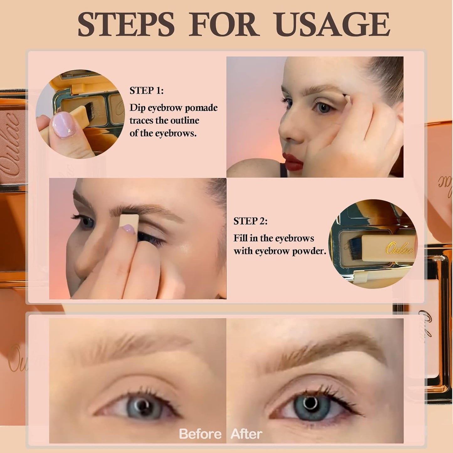 Oulac Waterproof Eyebrow Powder Gray Kit with Brow Brush 2 in1 Long Lasting Instant Eyebrow Pomade & Powder Natural Makeup for Sparse Brows 3.2 g/0.11 oz (Strawburn）