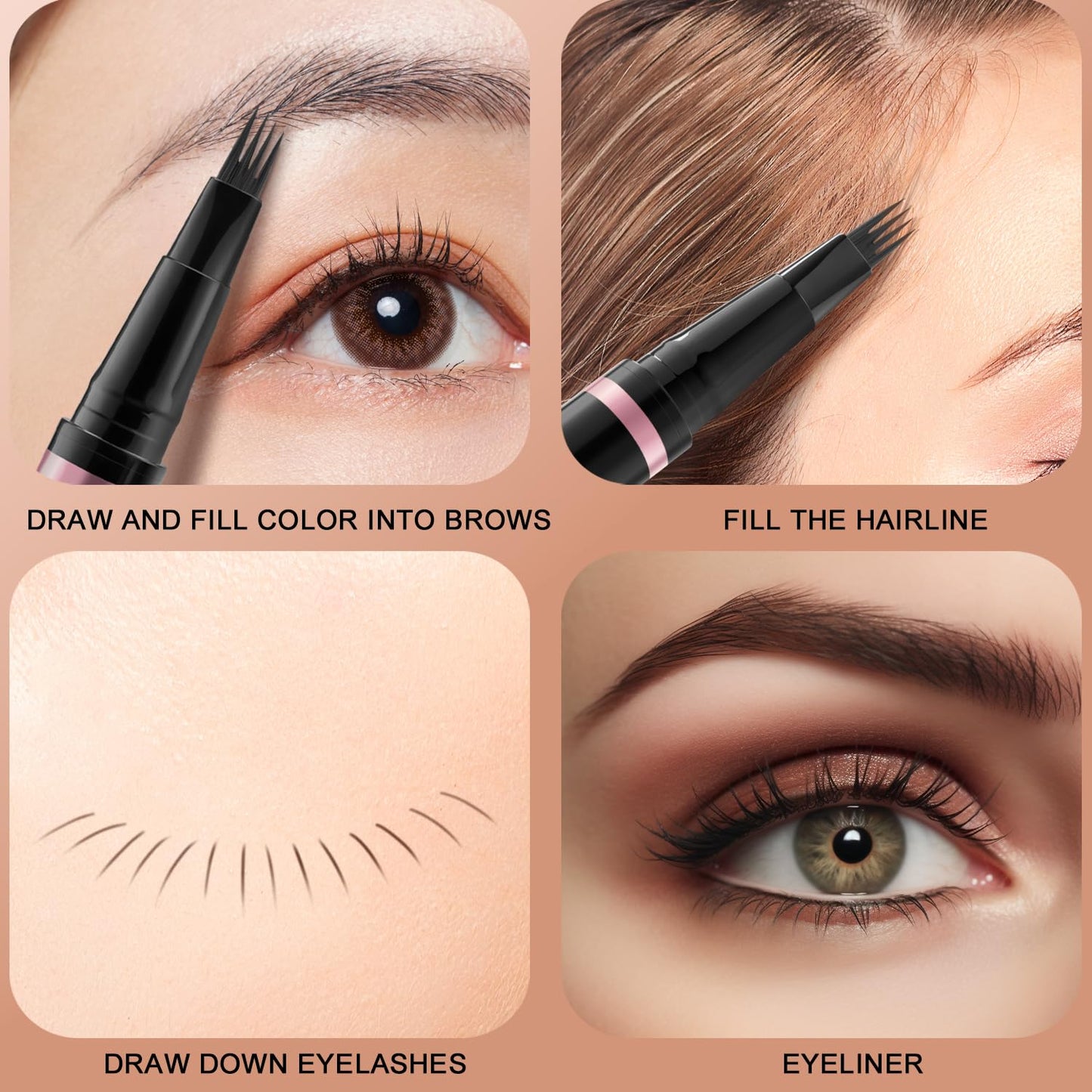 Eyebrow Pencil,2-in-1 Waterproof Eyebrow Pen with 4 Tip Brow Pen and Ultra-Precise Brow Pencil,with Dual-ended Eyebrow Brush,Eyebrow Makeup for Natural Looking Eyebrows-Soft Brown