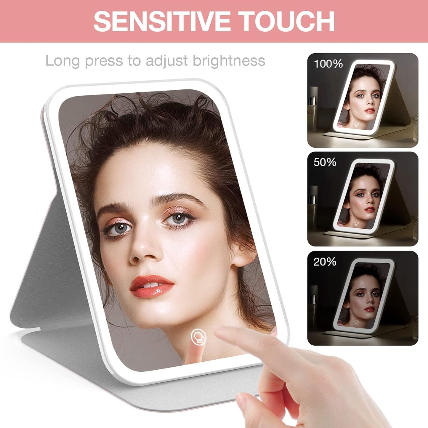 Kintion Travel Makeup Mirror, Portable LED Lighted Makeup Mirror, 360° Rotation Touch Screen Vanity Mirror, 60 LEDs, 3-Color Dimmable Lighting, Rechargeable Tabletop Folding Cosmetic Mirror, Pink
