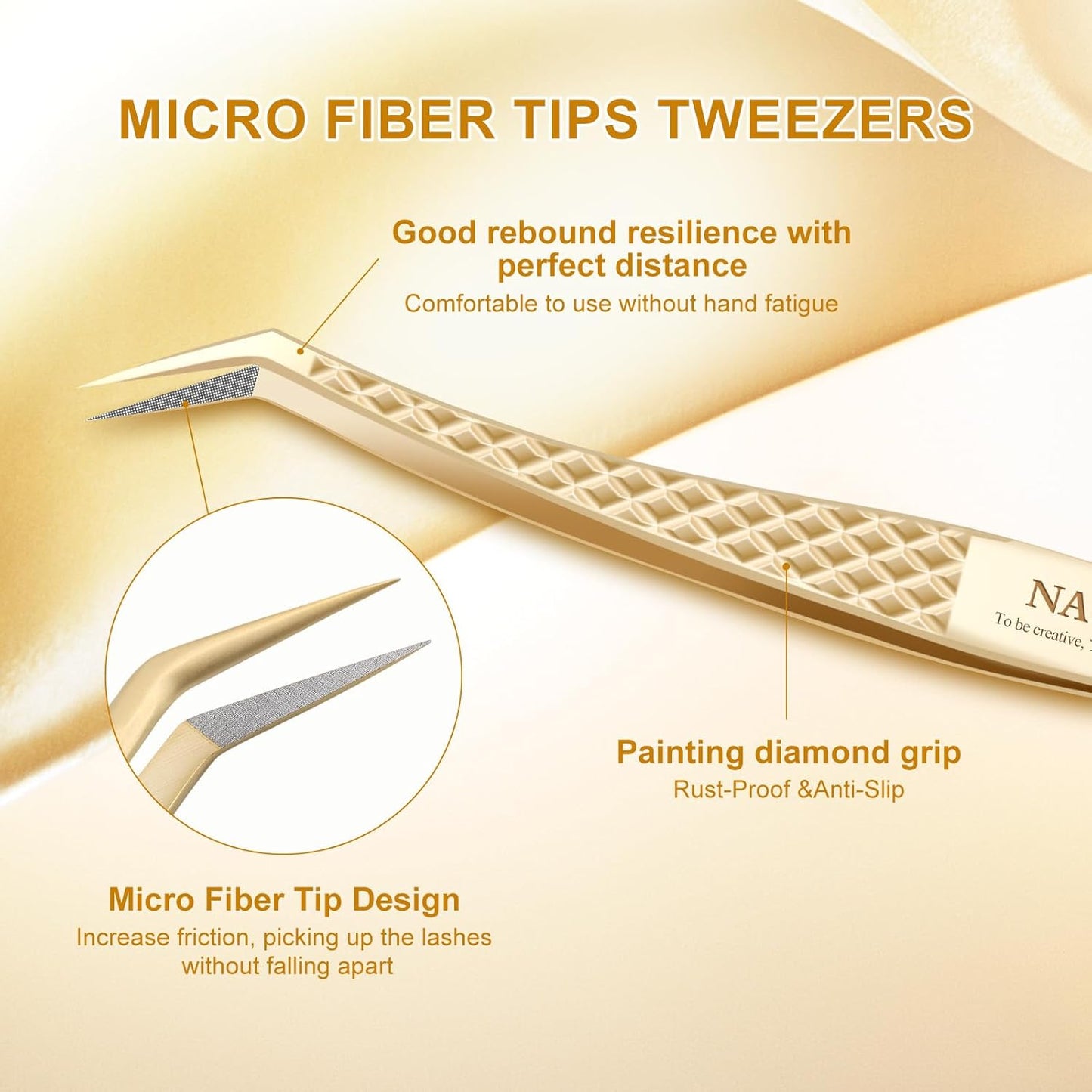 NAGARAKU Eyelash Tweezers, Precision Fiber Tip Tweezer for Eyelash Extensions Diamond Grip Anti-Static Anti-Slip Premium Gold Stainless Steel Pointed Eyelashes Tweezers with Box -Curved Tweezer AG-06