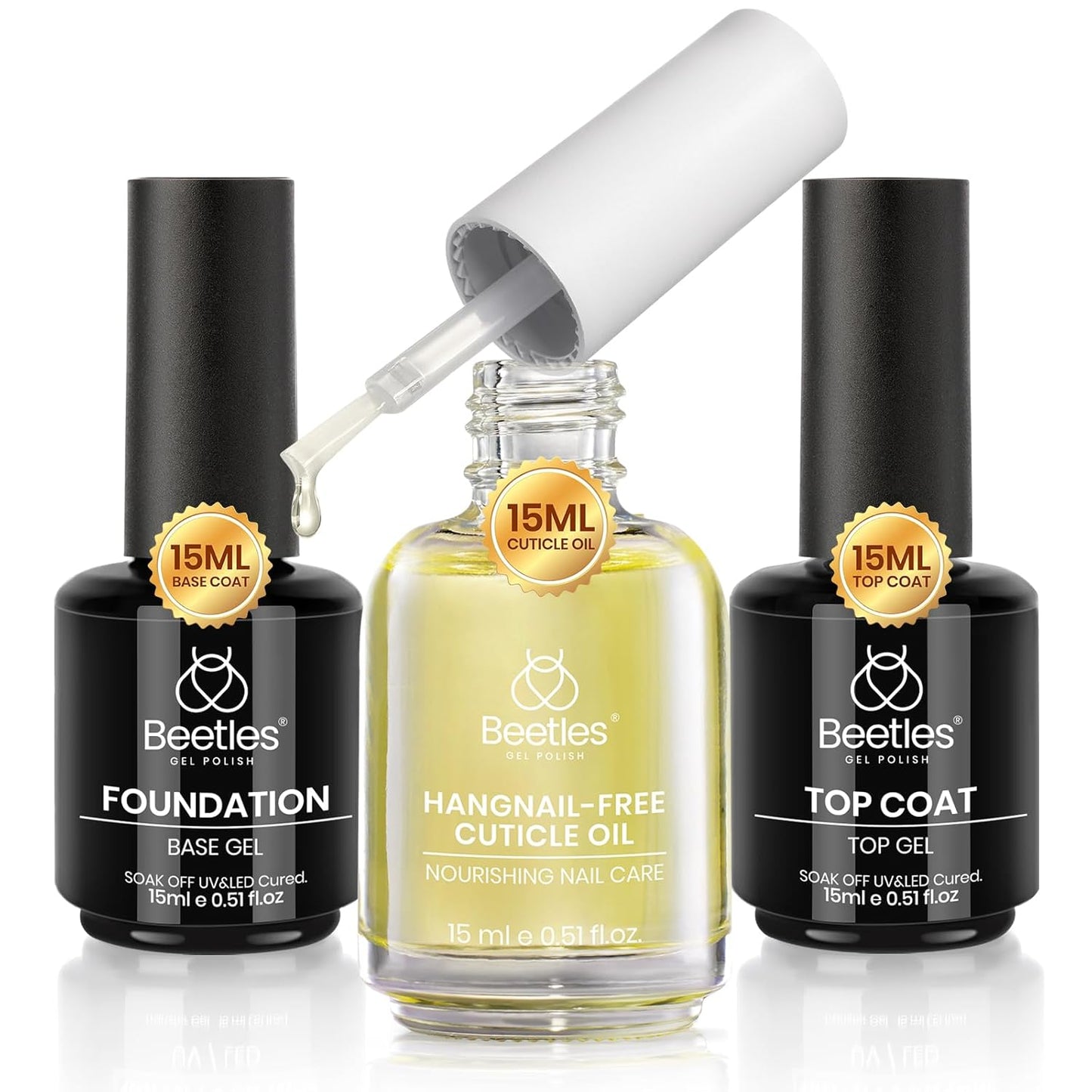 Beetles Gel Top Coat Base Coat Cuticle Oil Set, 3Pcs 15ml No Wipe Top Coat Gel Nail Polish Glossy Shine Long Lasting Cuticle Protectors Kit Oil Care for Dry Damaged Cuticles Gift for Women