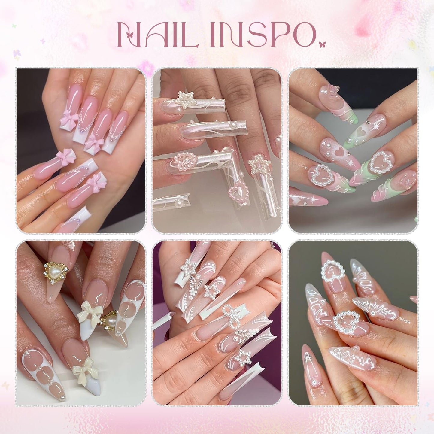 3D Nail Charms and Gems Set 8 with Rhinestone Glue, 20PCS Chunky Butterfly Charms + 75PCS Coquette Nail Bows and Hearts + 3D Flowers with Crystals, Pearls, Diamonds and Picker Tools for Y2K Nail Decor