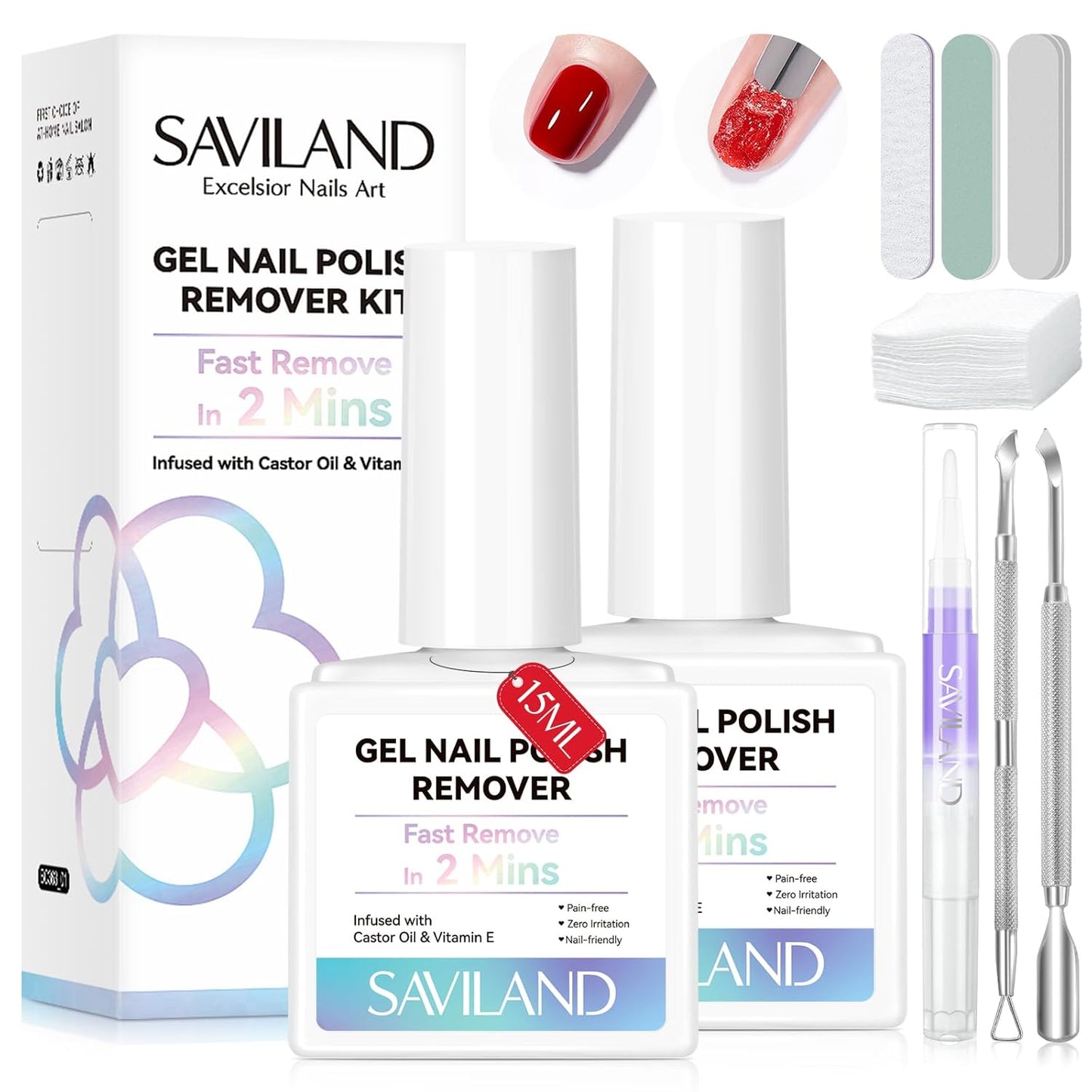 SAVILAND Gel Nail Polish Remover Kit: 2 PCS Soak off Gel Polish Remover Quick & Easy Rich in Castor Oil & Vitamin E, with Cuticle Oil Pen Nail Tools for Gel Nails Remove Home Salon Use