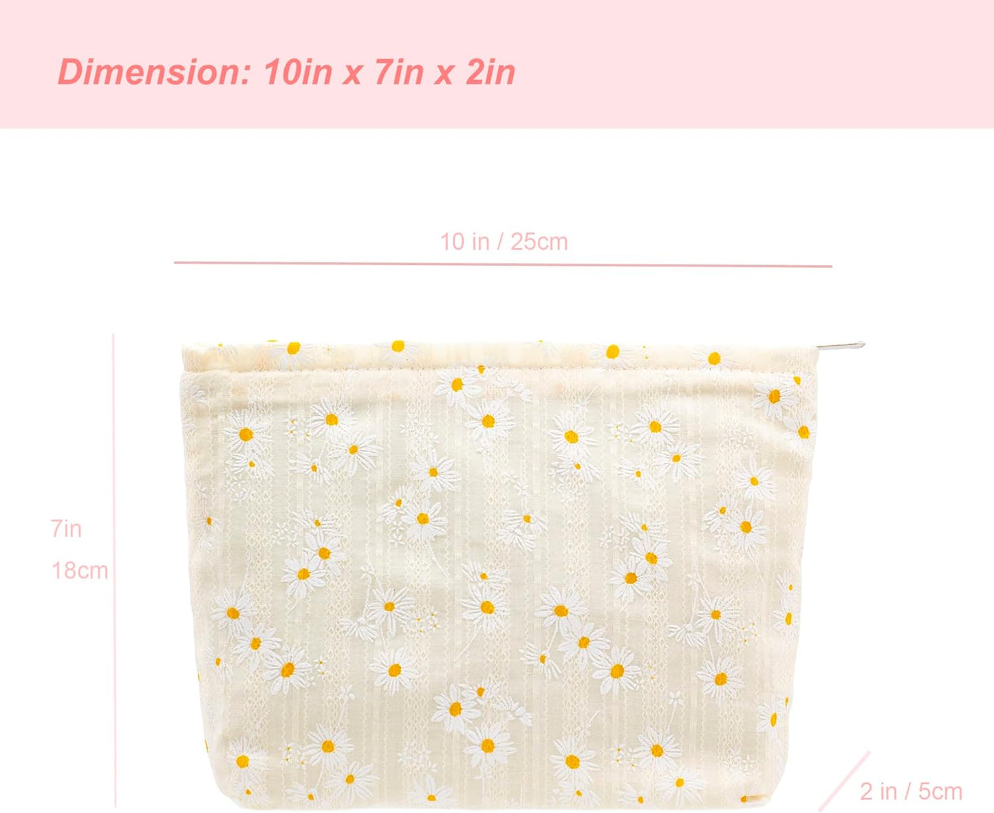 PAZIMIIK Floral Makeup Bag Large Cotton Zipper Pouch for Purse Travel Canvas Make Up Organizer for Women Cosmetic,Daisy Beige