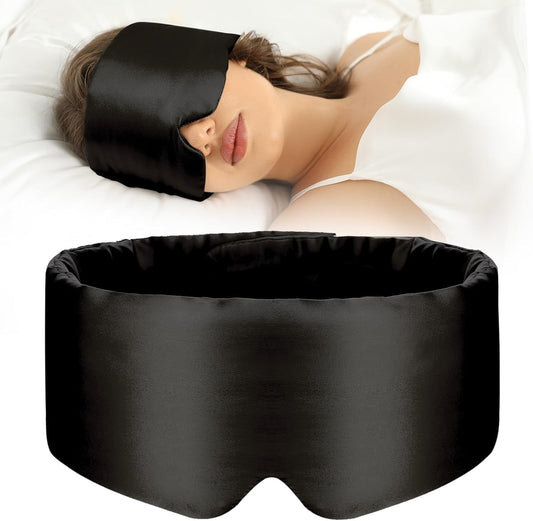 100% Mulberry Silk Sleep Mask Eye Mask for Women Man with Adjustable Band, for Side Sleeper Blackout Sleep Mask for Travel Rest and Office Large Size (Black)