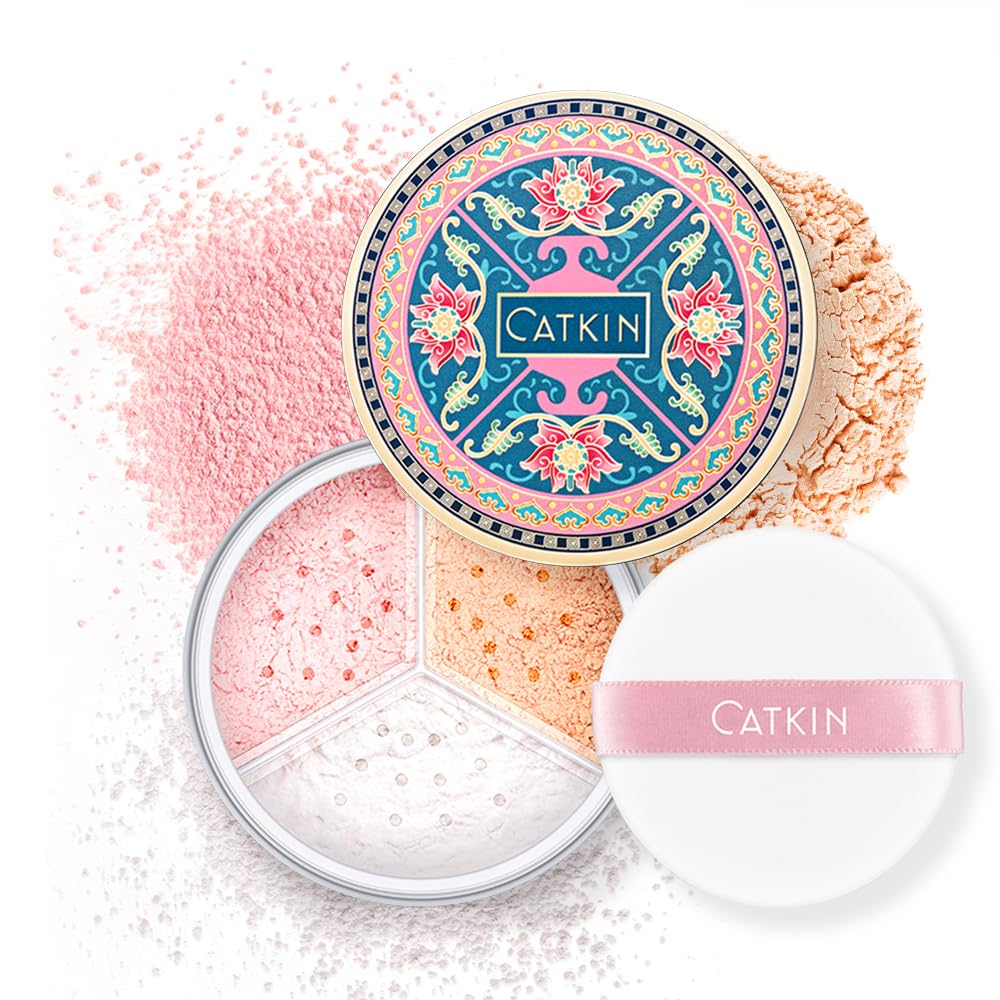 CATKIN Loose Setting Powder - Translucent Shimmer Finishing Powder, 3 Colors Even Skin Tone, Oil Control Makeup Pore Minimizing Powder with Velour Puff (0.42oz, C01 Shimmer for Oily Skin)
