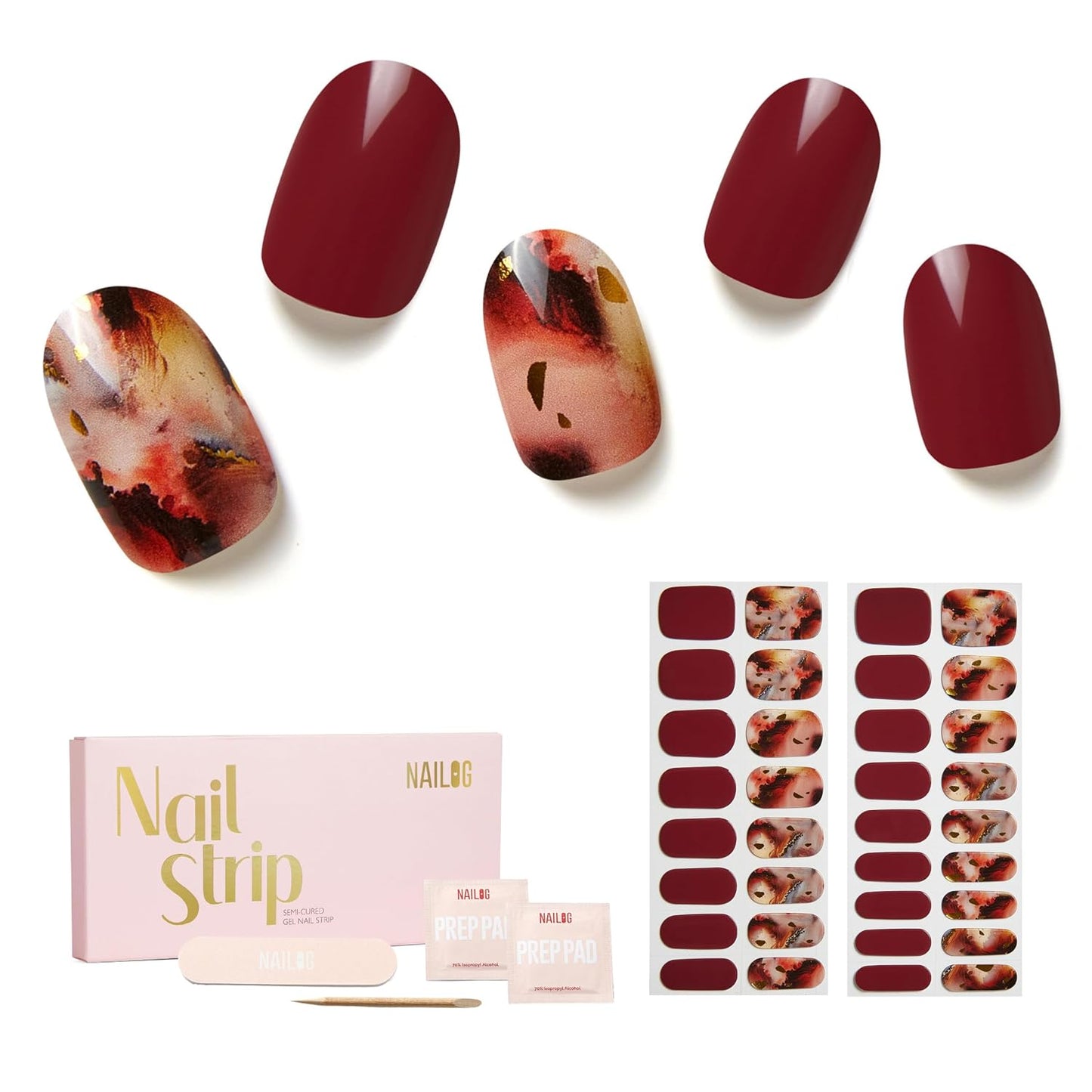 Semi Cured Gel Nail Strips - NAILOG 34 Pcs Gel Nail Stickers | Buy 2 Get 1 UV Light | Extra Long Nail Wraps with Glossy Gel Finishing Dark Brown, Secret Realm
