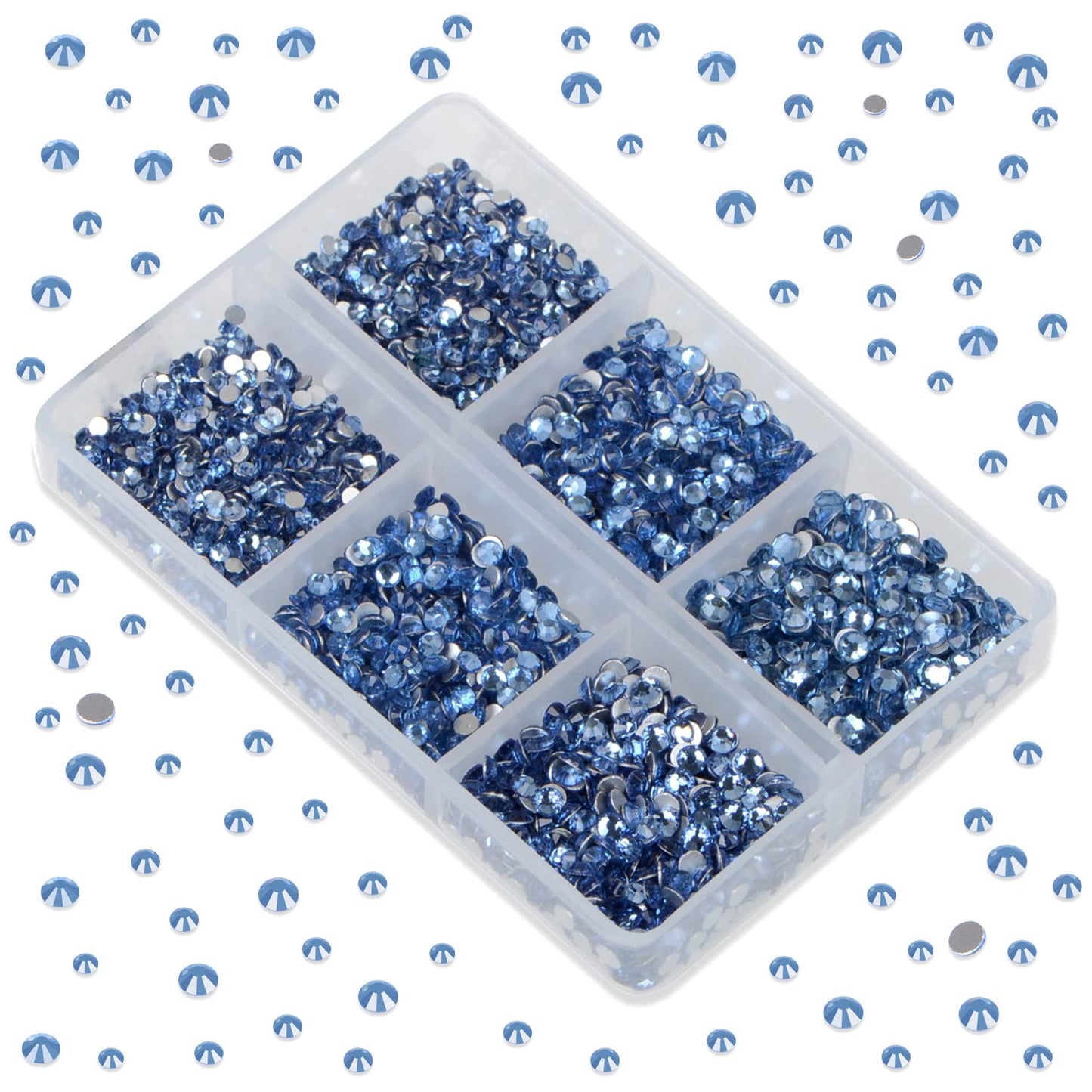 LPBeads 6000 Pieces Lt Sapphire Non Hotfix Rhinestones 6 Sizes Round Crystal Glass Flat Back Rhinestones with Tweezers and Picking Pen for Nail Art Crafts Clothes Bags DIY