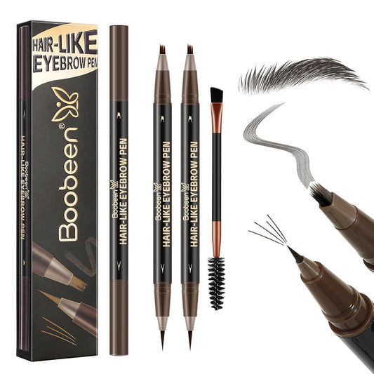 Boobeen 2pcs Waterproof Eyebrow Pen，Dual-Ended Eyeliner Microblading Eyebrow Pencil for Women，Long Lasting Hair-Like Brow Pen with Brow Brush，Dark Brown