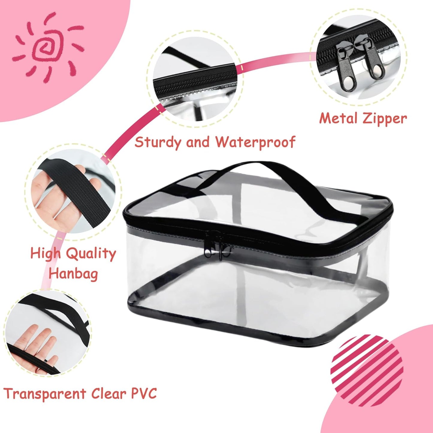 Transparent PVC Storage Bags with Reinforced Handles & Double Zipper - Waterproof Organizer Pouches for Toys, Travel Toiletries, Makeup, Crafts (9.4x6.7x4.3 Inch) 6 Pack
