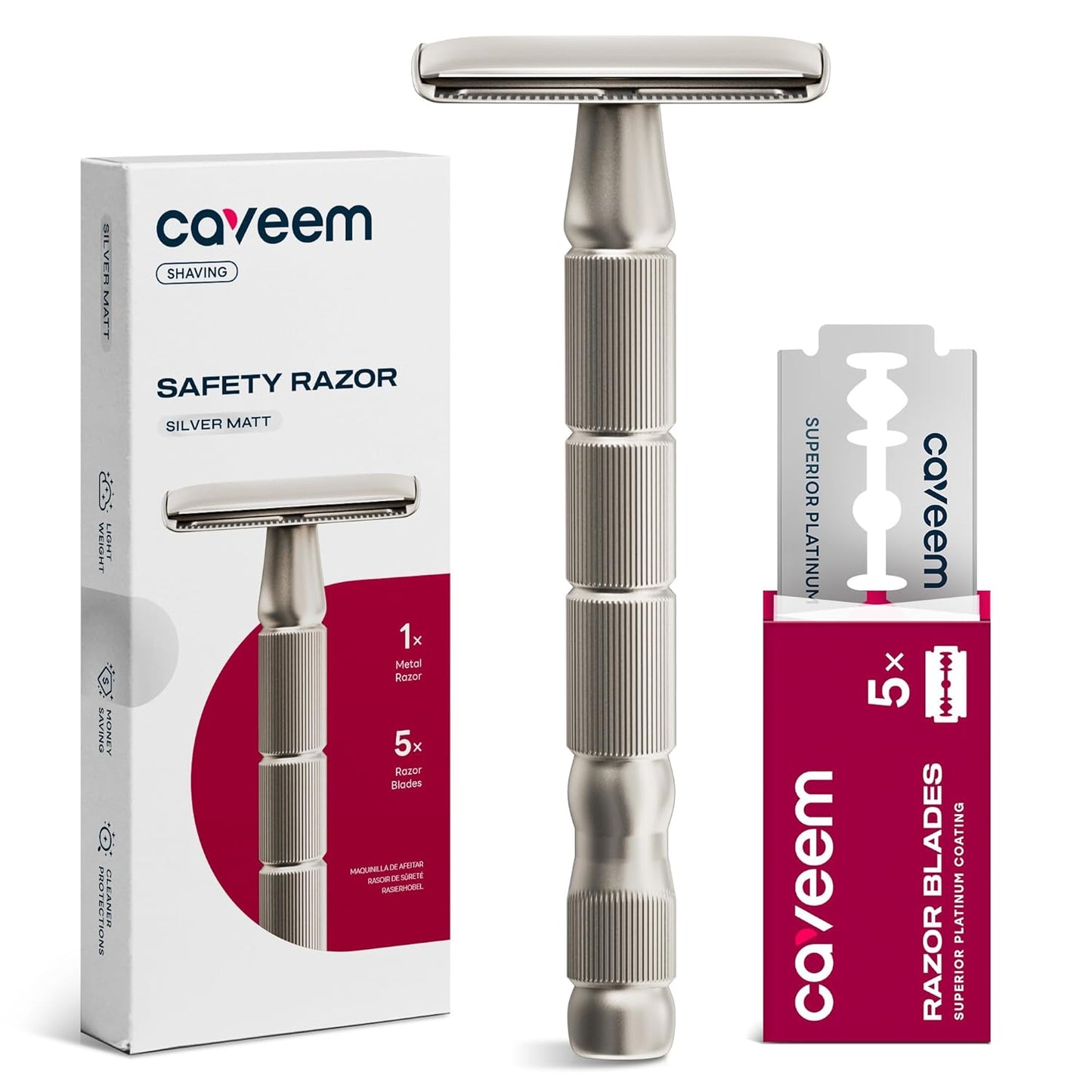 Double-Edge Safety Razor, Single-Blade Razors with 5 Stainless Steel Safety Razor Blades for Men and Women, Reusable Metal Razor – Silver Matt