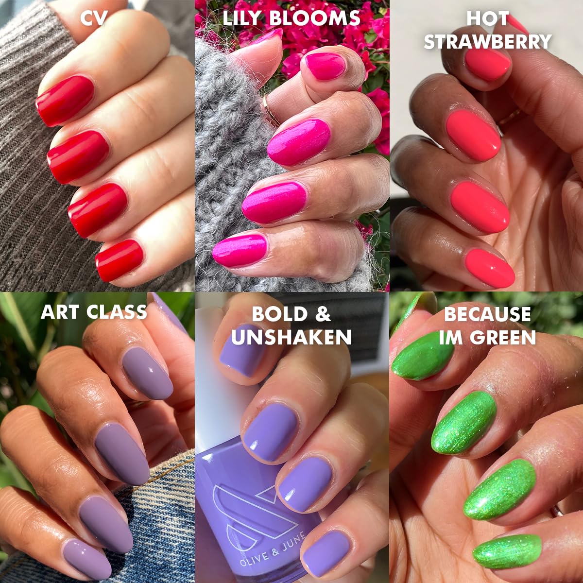 Olive & June Bolds Long Lasting Nail Polish Set | Includes 6 Shades (Bold & Unshaken, Art Class, Because I'm Green, Lily Blooms, CV, Hot Strawberry) + Top Coat | Vegan, Cruelty-Free | Salon-Quality
