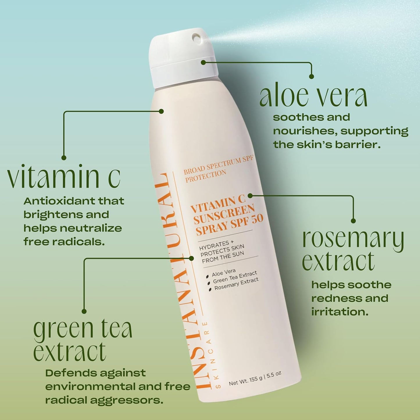 InstaNatural Skin Care Vitamin C SPF 50 Broad Spectrum Sunscreen Spray, Brightens & Hydrates, UVA, UVB Sun Protection Sunblock, with Aloe Vera & Botanicals, Aerosol Bottle, 5.5 Fl Oz