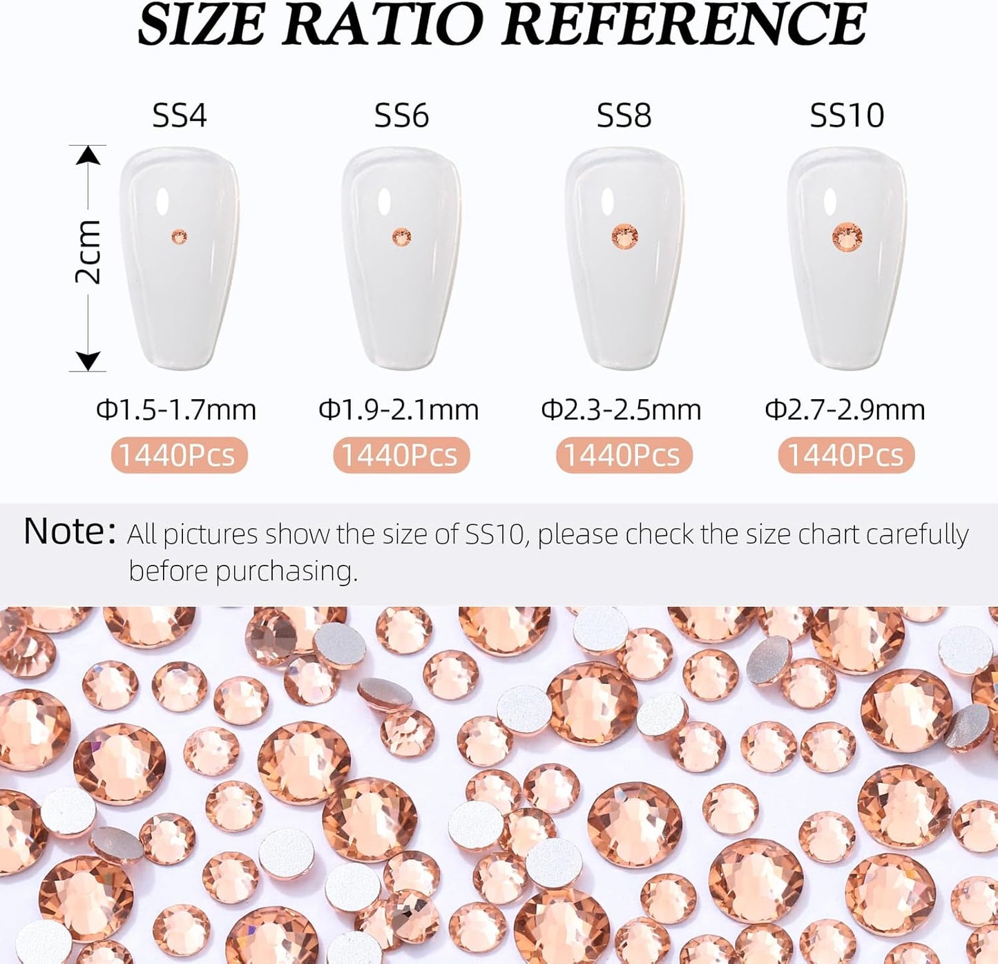 Champagne Flatback Rhinestones, Glass Rhinestones for Nail Art and Craft, Glue Fix, Loose Crystal Gemstones(Champagne, SS10, 1440pcs, 2.7-2.8mm)