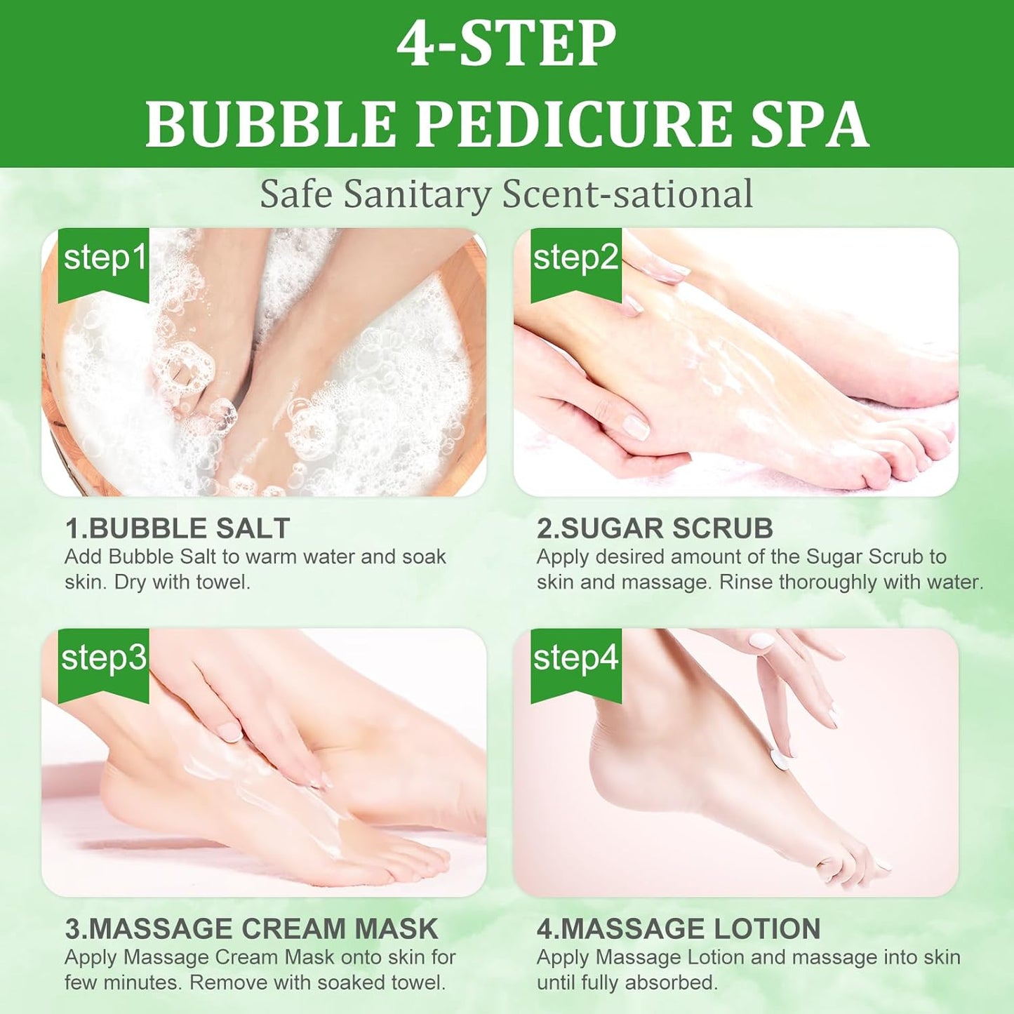 Pedicure Kit Foot Soak Set: Bubble Salt, Sugar Scrub, Massage Mask, Massage Lotion in a Box, 4 Step Foot Spa Kit for Dry Feet,Tired Feet (1 Set Olive)