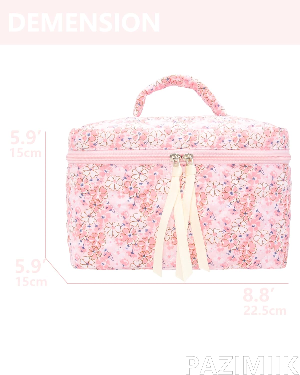 PAZIMIIK Quilted Makeup Bag Large Travel Zipper Soft Cosmetic Case for Women Girls Make Up,Pink Flower