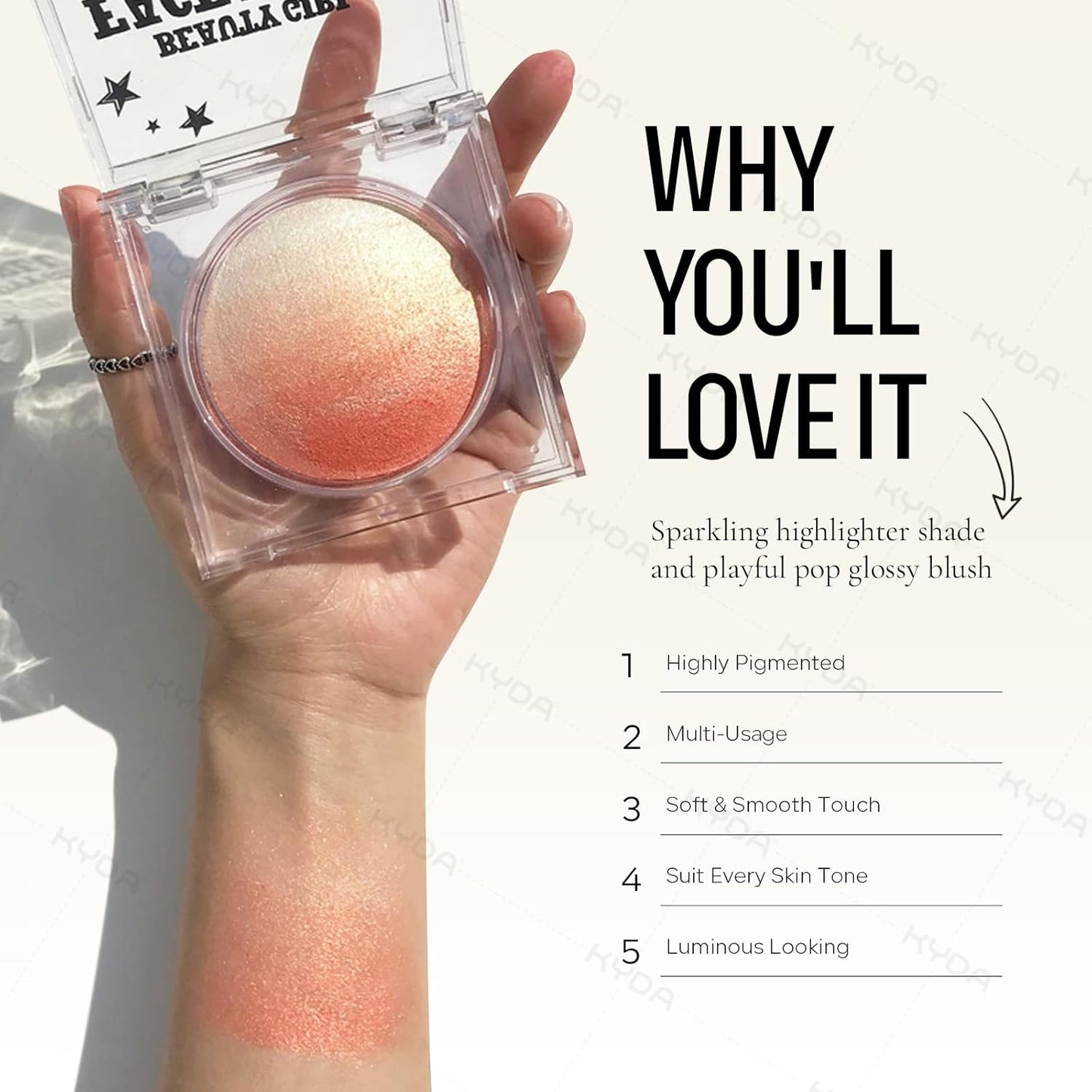 KYDA Baked Blush, Coral Glow Powder for Blush and Highlighter, High Glossy Finish, Lightweight Blendable Shimmer Blusher, Multiuse Baked Powder, 0.53 oz