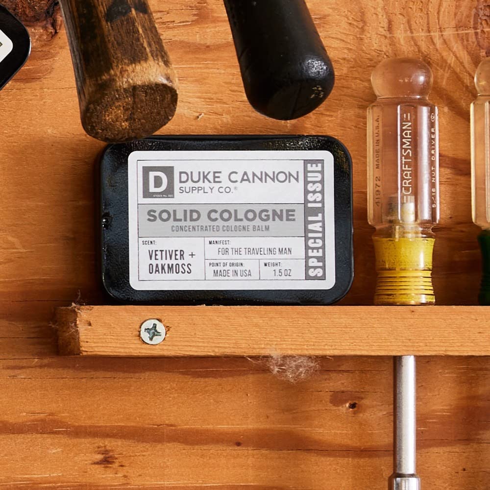 Duke Cannon Supply Co. Solid Cologne for Men Special Issue Vetiver and Oakmoss (Fresh Air, Sandalwood) - Concentrated Balm, Travel-Friendly Tin, 1.5 oz