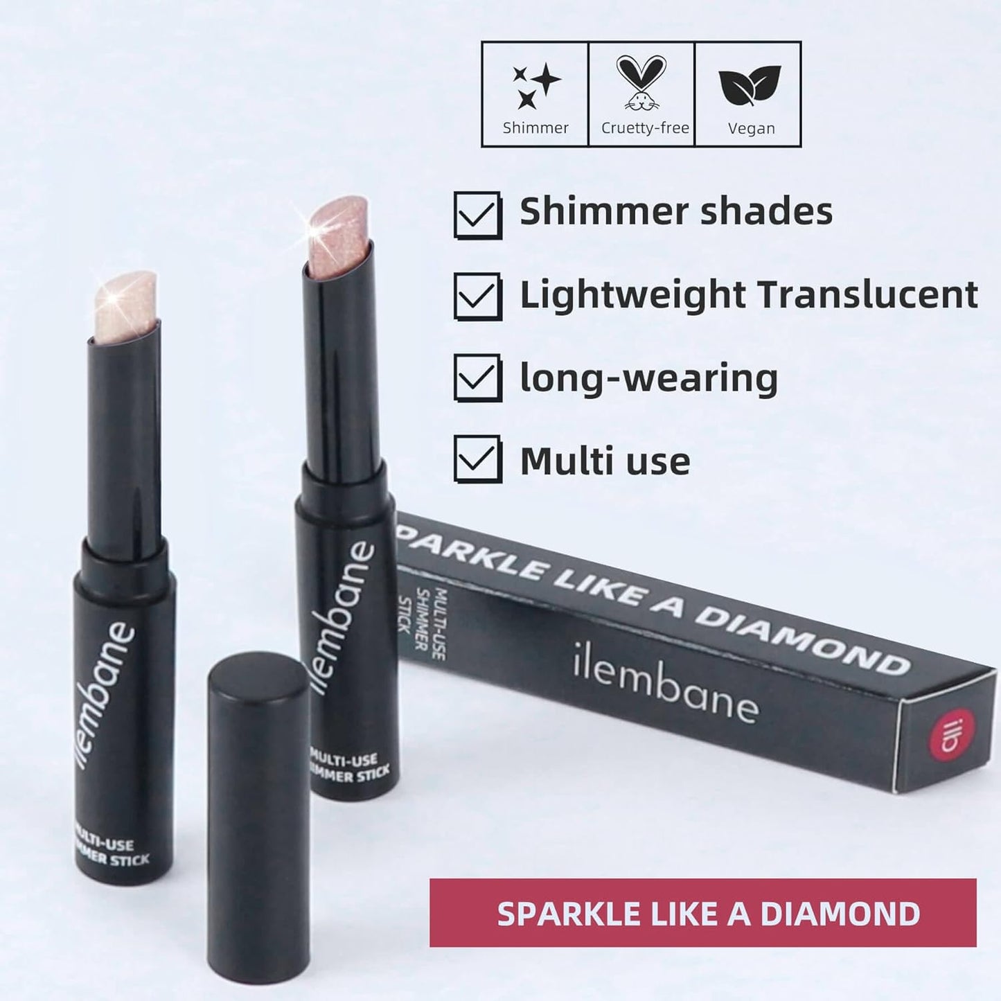Shimmer Stick for Eyes, Lips, Face and Body Cream Highlight Eyeshadow, Multi-Use Diamond Like Shine, Moisturizing Formula Sheer Finish, Rose Gold Undertone Silver Sparkle