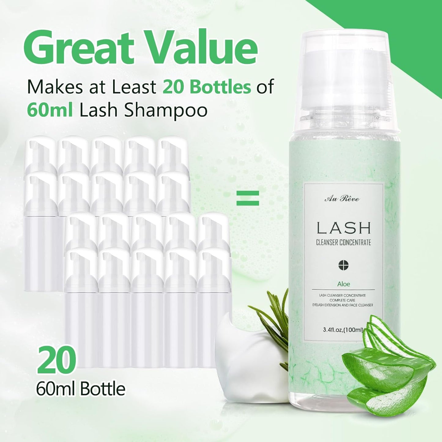 Eyelash Cleanser Concentrate 100ml Lash Extension Shampoo Oil-Free Eyelash Extension Shampoo with Salon Home Care -Makes 20 Bottles 60ml Lash Shampoo, Aloe