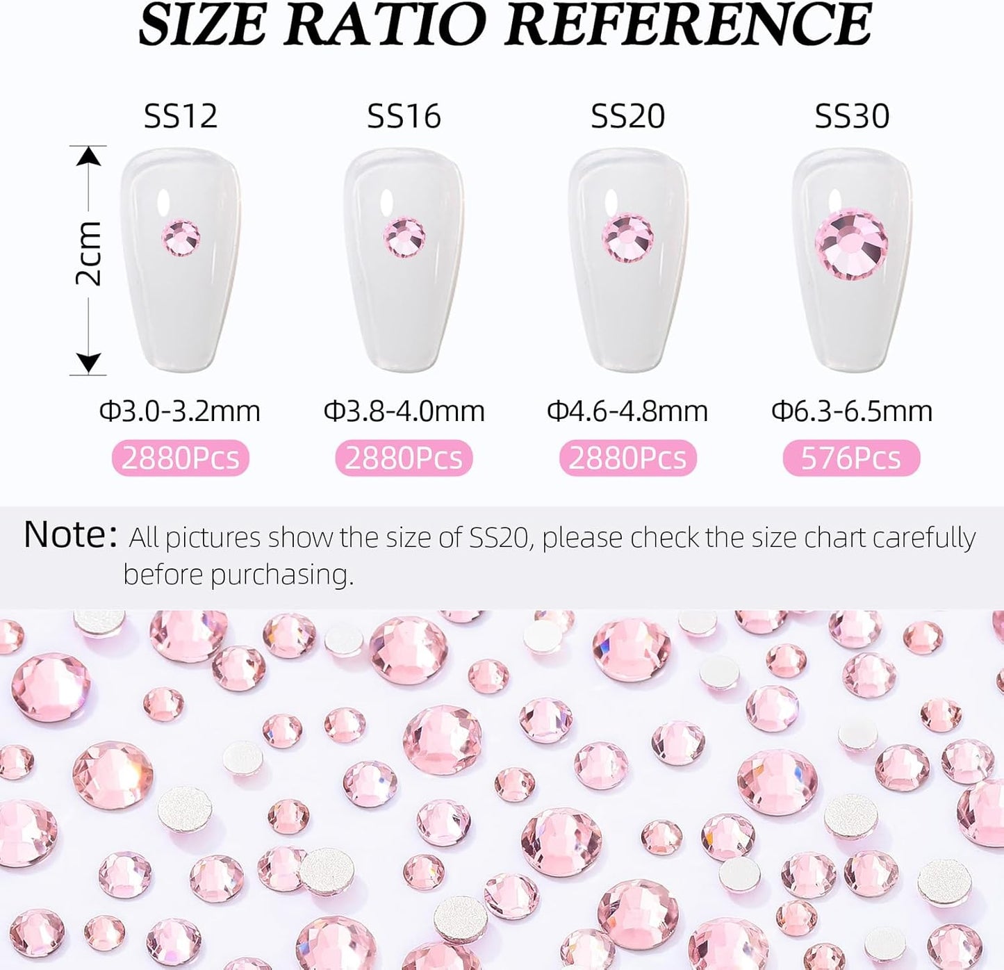 Pink Flatback Rhinestones, Glass Rhinestones for Nail Art and Craft, Glue Fix, Loose Crystal Gemstones(Pink, SS30, 576pcs, 6.4-6.6mm)