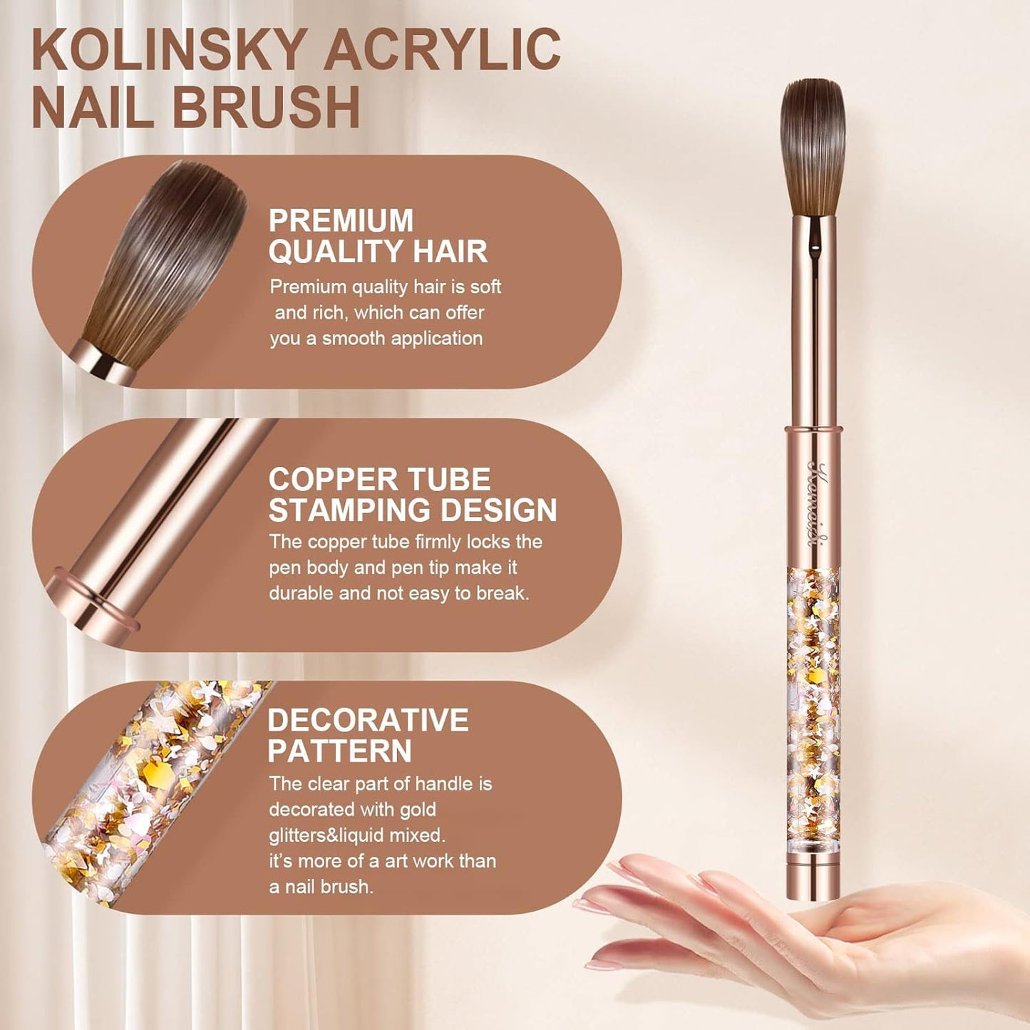 Acrylic Nail Brush Size 6,KEMEISI 100% Pure Kolinsky Nail Art Brushes Sturdy Handle Oval Shaped Acrylic Powder Nail Design Tools for Professional Manicure DIY Home Salon (Gold)
