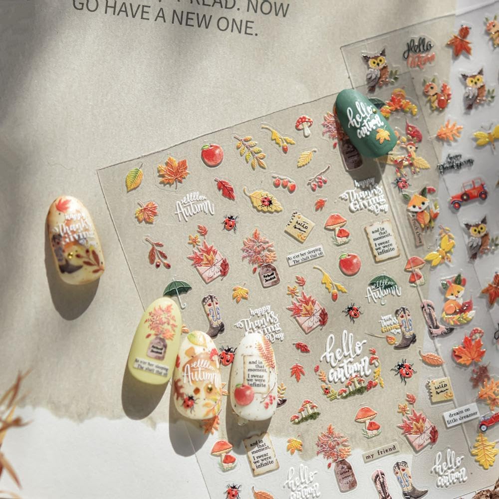 Maple Leaf Nail Stickers Mushroom Fall Nail Art Stickers 3D Self-Adhesive Boots Envelope Nail Designs 5D Embossed Plants Animals Thanksgiving Nails Supplies for Women Holiday DIY Manicure 1 Sheet