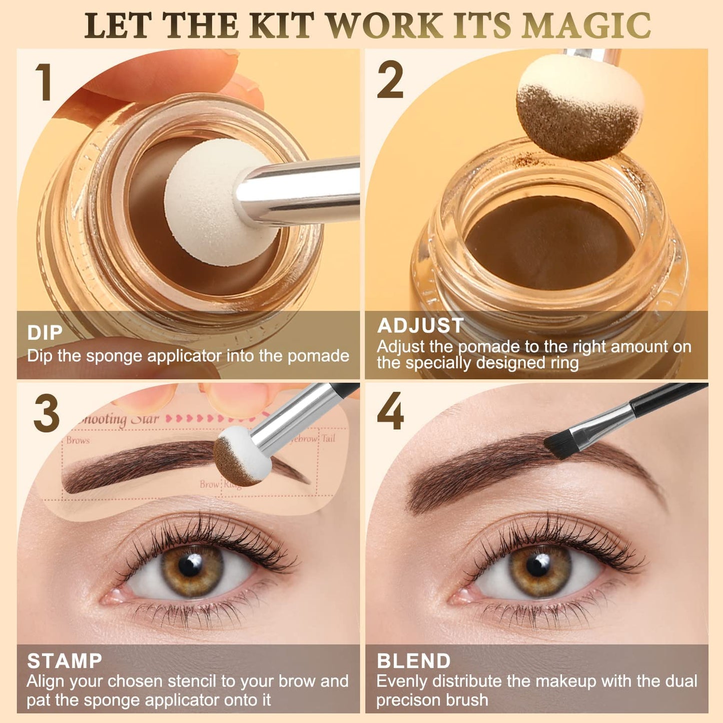 LAVONE Eyebrow Stamp Stencil Kit for Eyebrows, Brow Stamp Trio Kit with Waterproof Eyebrow Pencil, Eyebrow Pomade, 20 Eyebrow Stencils, Dual-ended Eyebrow Brush and Sponge Applicator - Ebony
