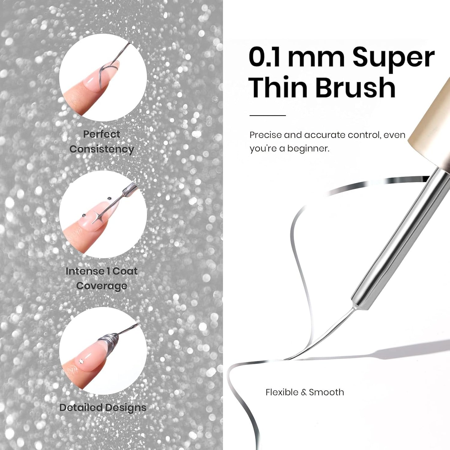 Beetles Metallic Silver Liner Gel Nail Art 7ml French Tip Gel Nail Polish 3D Mirror Chrome Effect Metal Painted Pens for Thin French Swirl Line Nail Art Polish Soak off Uv Lamp Manicure Salon