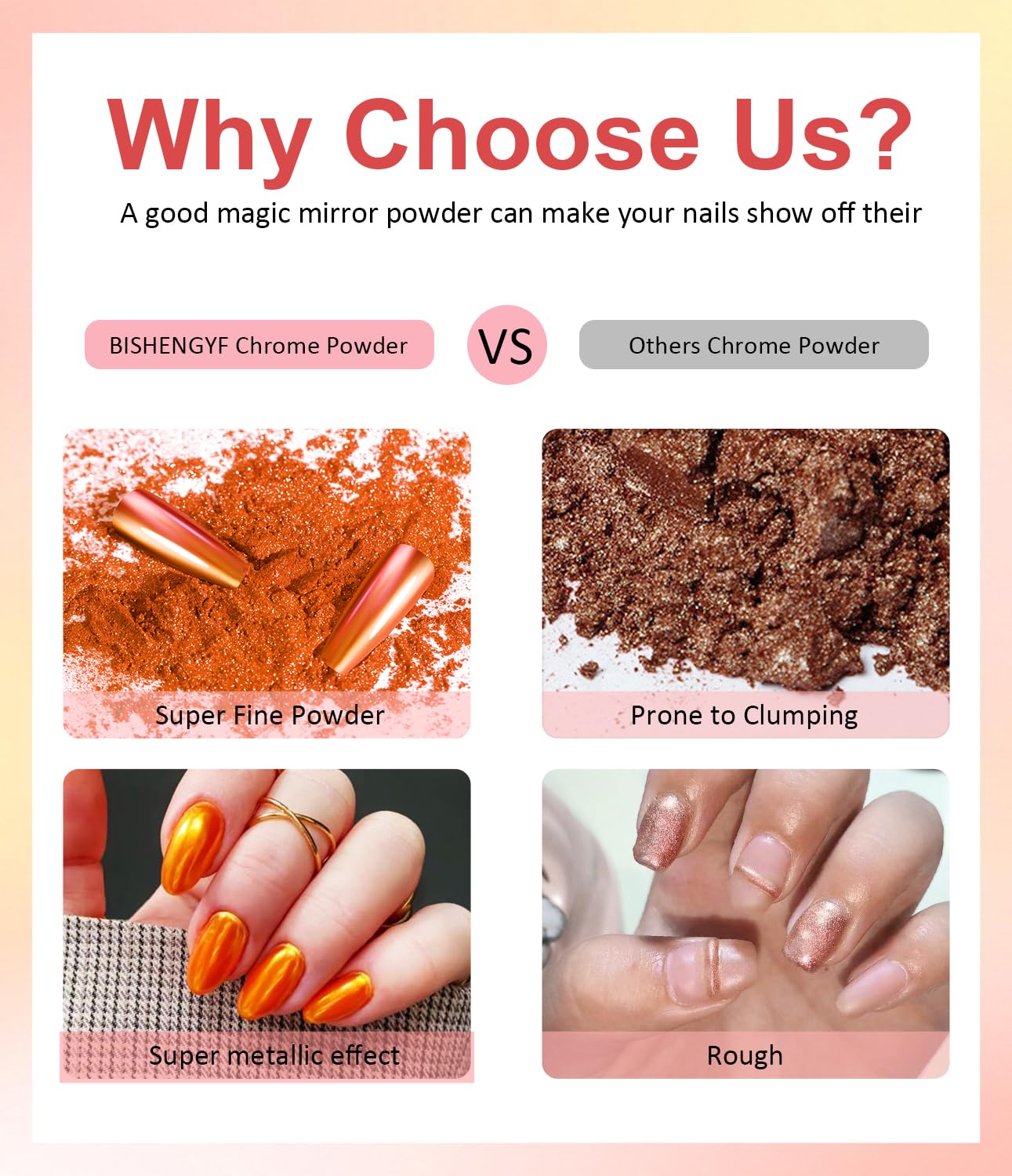 Pearl Chrome Nail Powder BISHENGYF -【Metallic Mirror Effect】 Orange Chrome Nail Powder White Clear Aurora Mermaid Iridescent Chrome Powder for Nails Pigment Glitter Dust for Manicure Decroation DIY