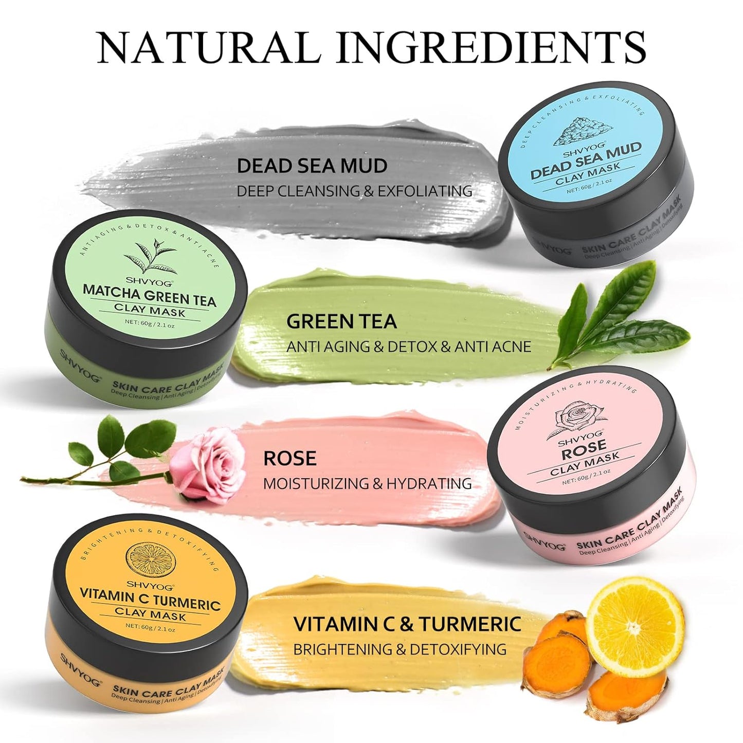 4 Pcs Clay Facial Mask Set - Turmeric, Vitamin C, Green Tea, Dead Sea Mud, and Rose Clay Skin Care Mask for Deep Cleansing, Moisturizing, and Refining Pores - 240g
